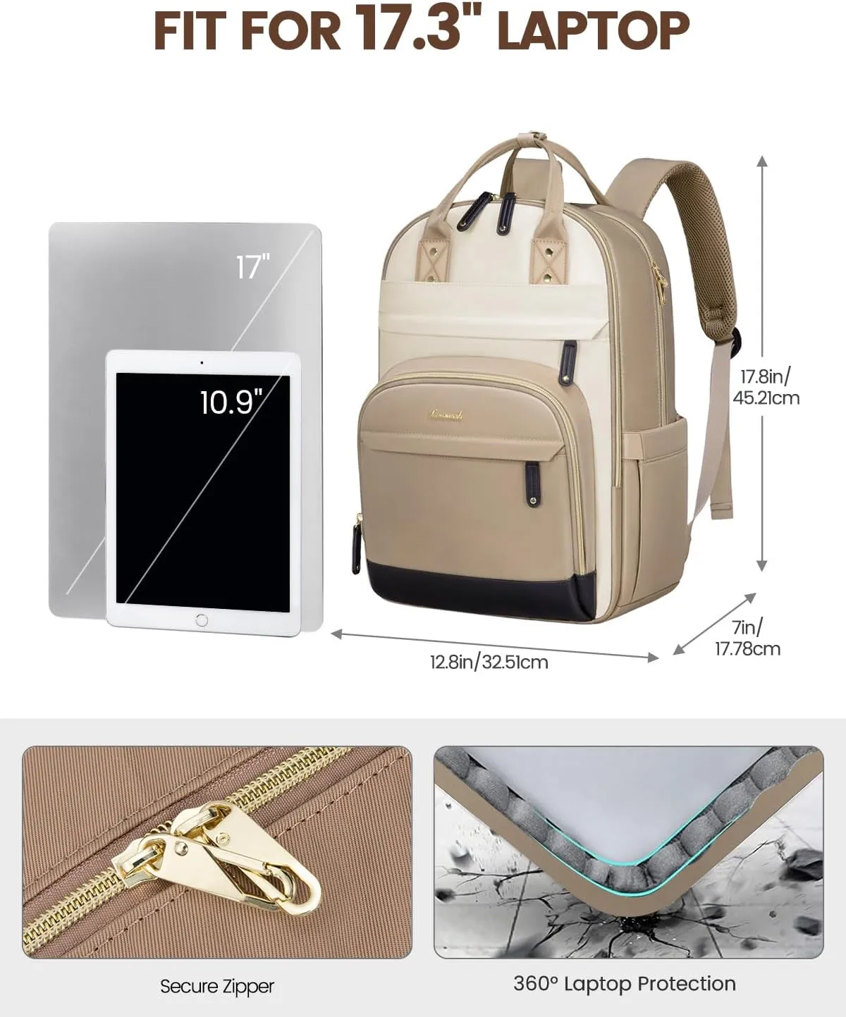 LOVEVOOK Backpack for Women,Laptop Backpack Women,Fits 17 Inch Laptop Bag,School Backpacks,Fashion Travel Work Anti-theft Bag,Waterproof Business Computer College Backpack Purse,Beige-Khaki-Black
