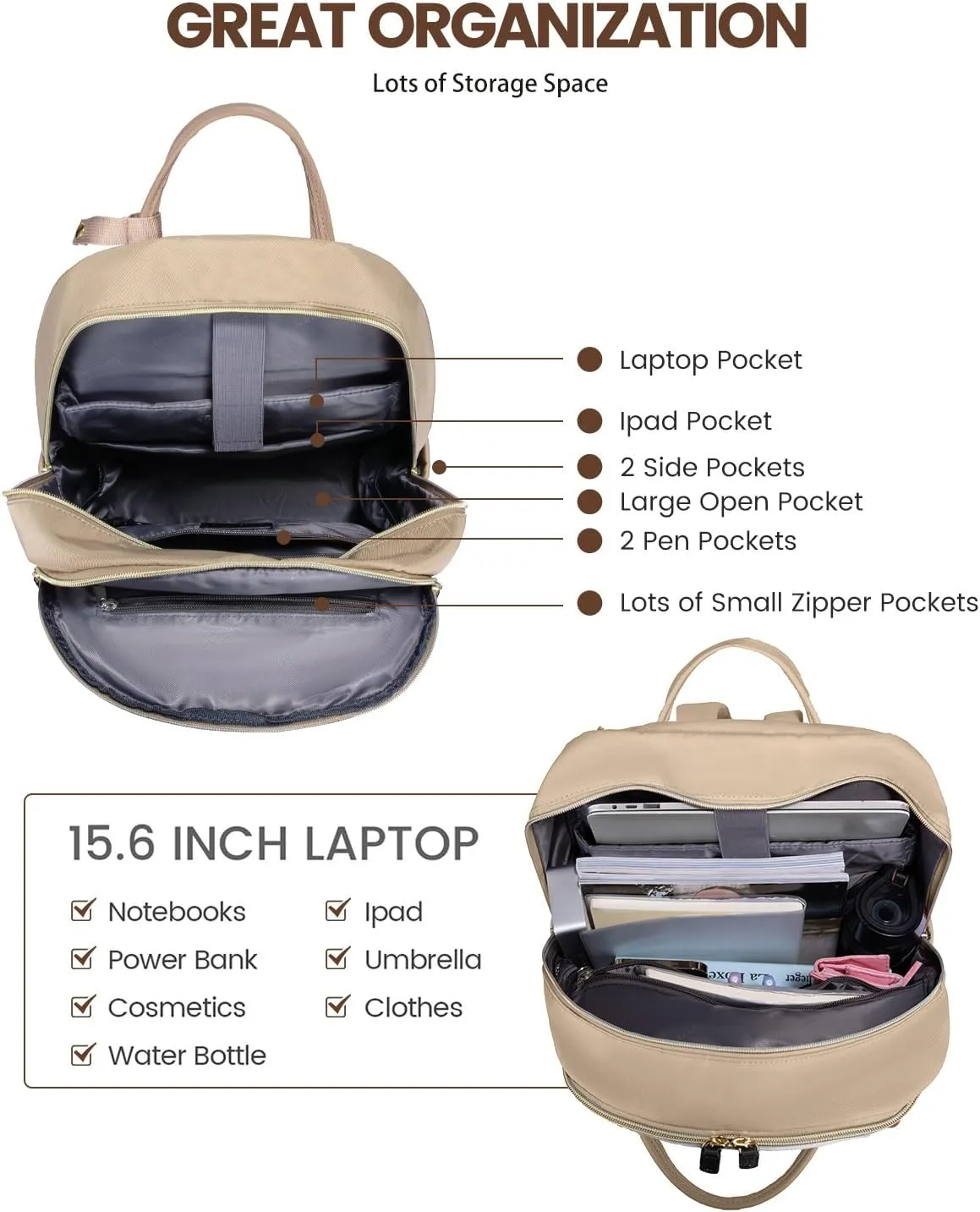 LOVEVOOK Backpack for Women,Laptop Backpack Women,Fits 17 Inch Laptop Bag,School Backpacks,Fashion Travel Work Anti-theft Bag,Waterproof Business Computer College Backpack Purse,Beige-Khaki-Black