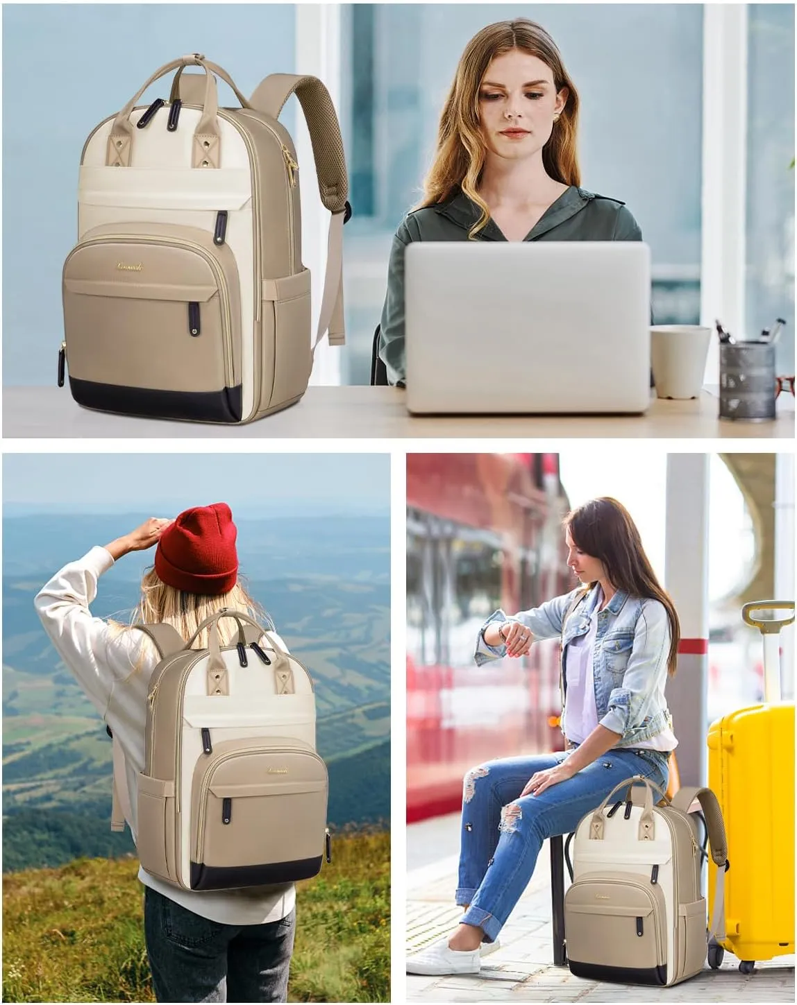 LOVEVOOK Backpack for Women,Laptop Backpack Women,Fits 17 Inch Laptop Bag,School Backpacks,Fashion Travel Work Anti-theft Bag,Waterproof Business Computer College Backpack Purse,Beige-Khaki-Black