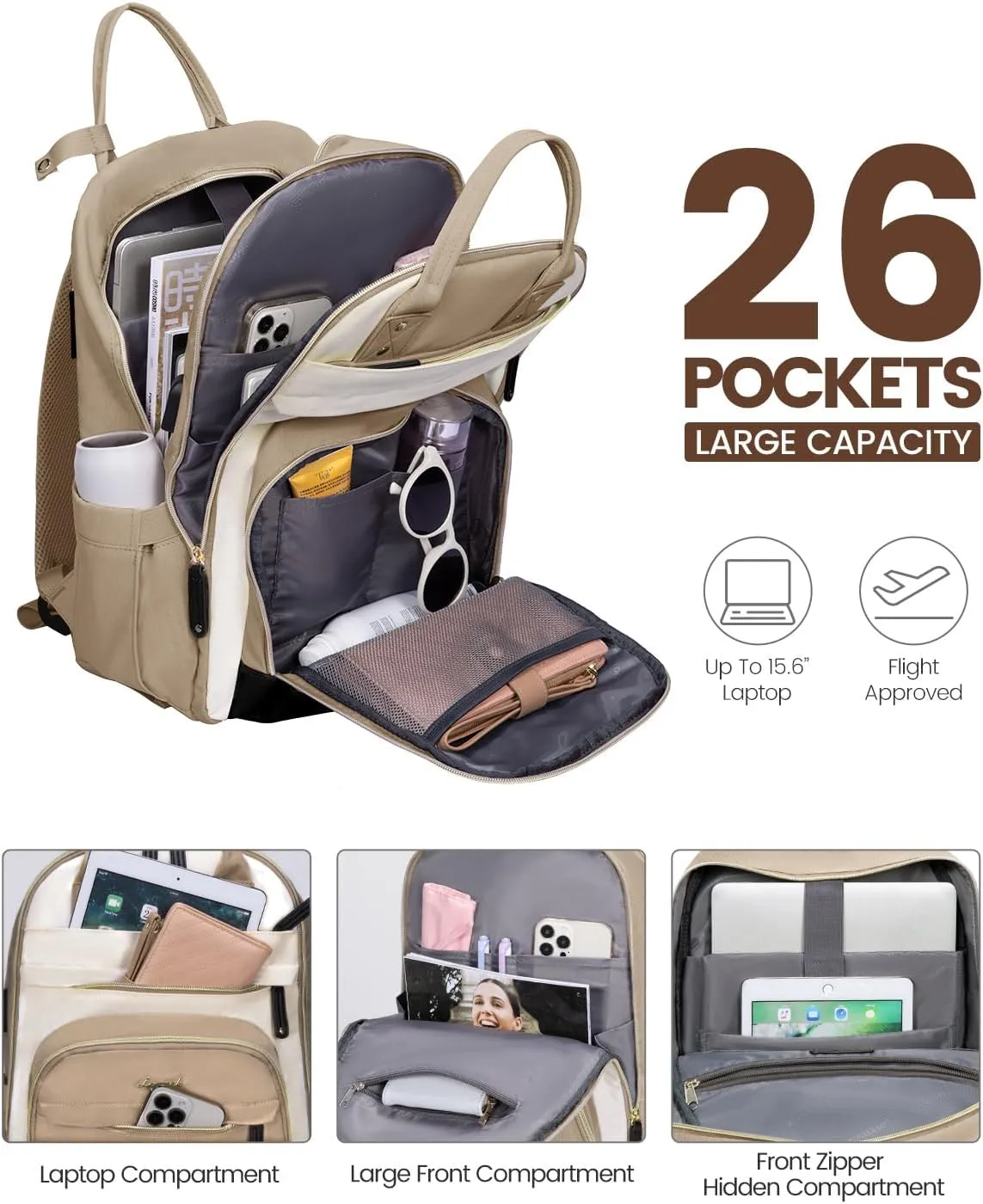 LOVEVOOK Backpack for Women,Laptop Backpack Women,Fits 17 Inch Laptop Bag,School Backpacks,Fashion Travel Work Anti-theft Bag,Waterproof Business Computer College Backpack Purse,Beige-Khaki-Black
