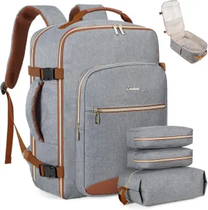 LOVEVOOK Carry on Backpack, 40L Travel Backpack as Personal Item Flight Approved, Waterproof Large 17inch Laptop Backpack Luggage Daypack Business Weekender Overnight with 3 Packing Cubes, Grey-Brown