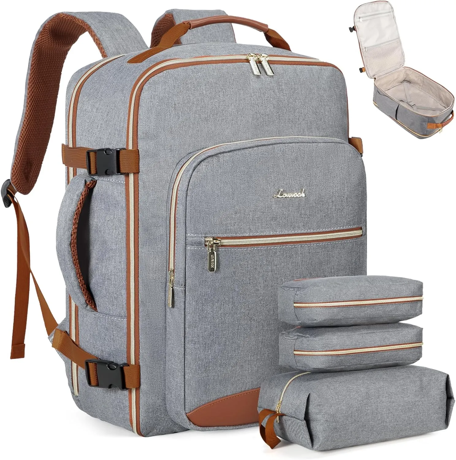 LOVEVOOK Carry on Backpack, 40L Travel Backpack as Personal Item Flight Approved, Waterproof Large 17inch Laptop Backpack Luggage Daypack Business Weekender Overnight with 3 Packing Cubes, Grey-Brown