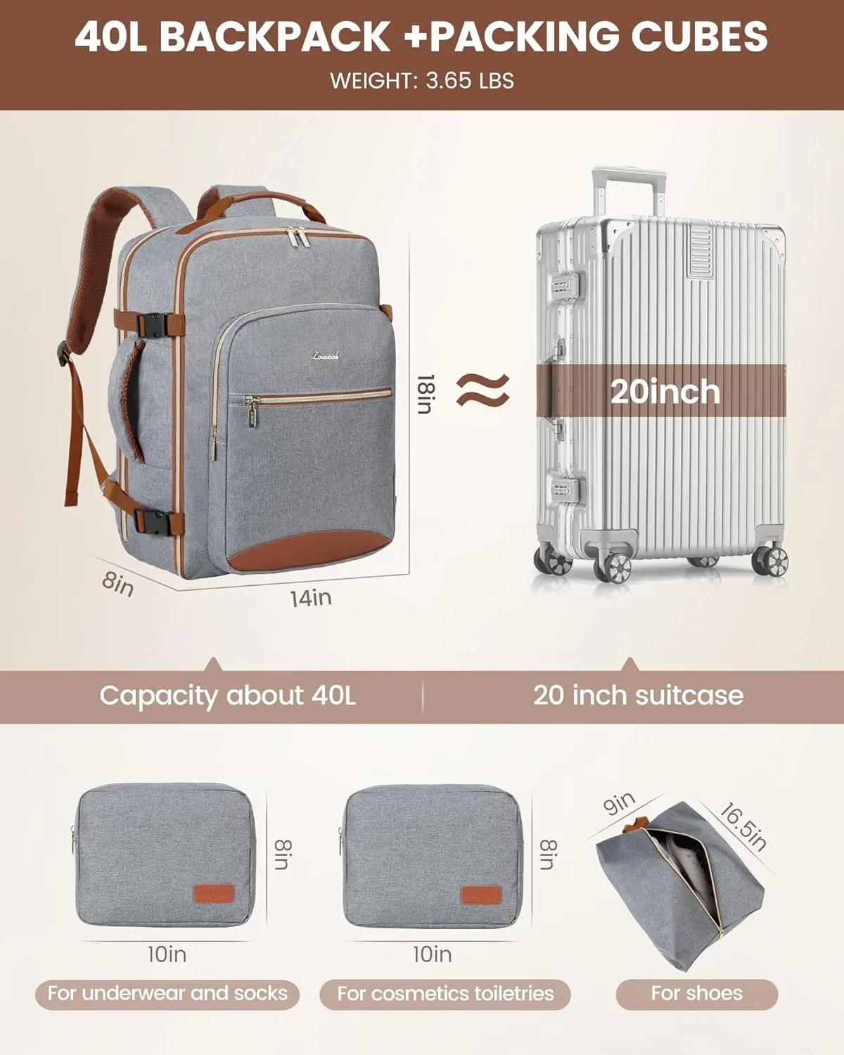 LOVEVOOK Carry on Backpack, 40L Travel Backpack as Personal Item Flight Approved, Waterproof Large 17inch Laptop Backpack Luggage Daypack Business Weekender Overnight with 3 Packing Cubes, Grey-Brown