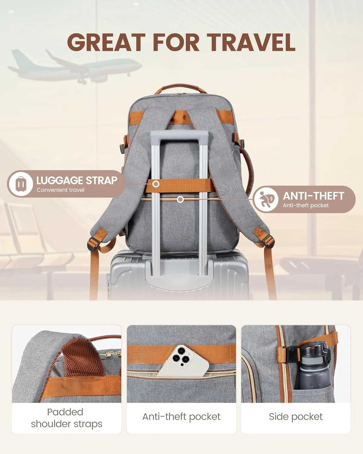 LOVEVOOK Carry on Backpack, 40L Travel Backpack as Personal Item Flight Approved, Waterproof Large 17inch Laptop Backpack Luggage Daypack Business Weekender Overnight with 3 Packing Cubes, Grey-Brown
