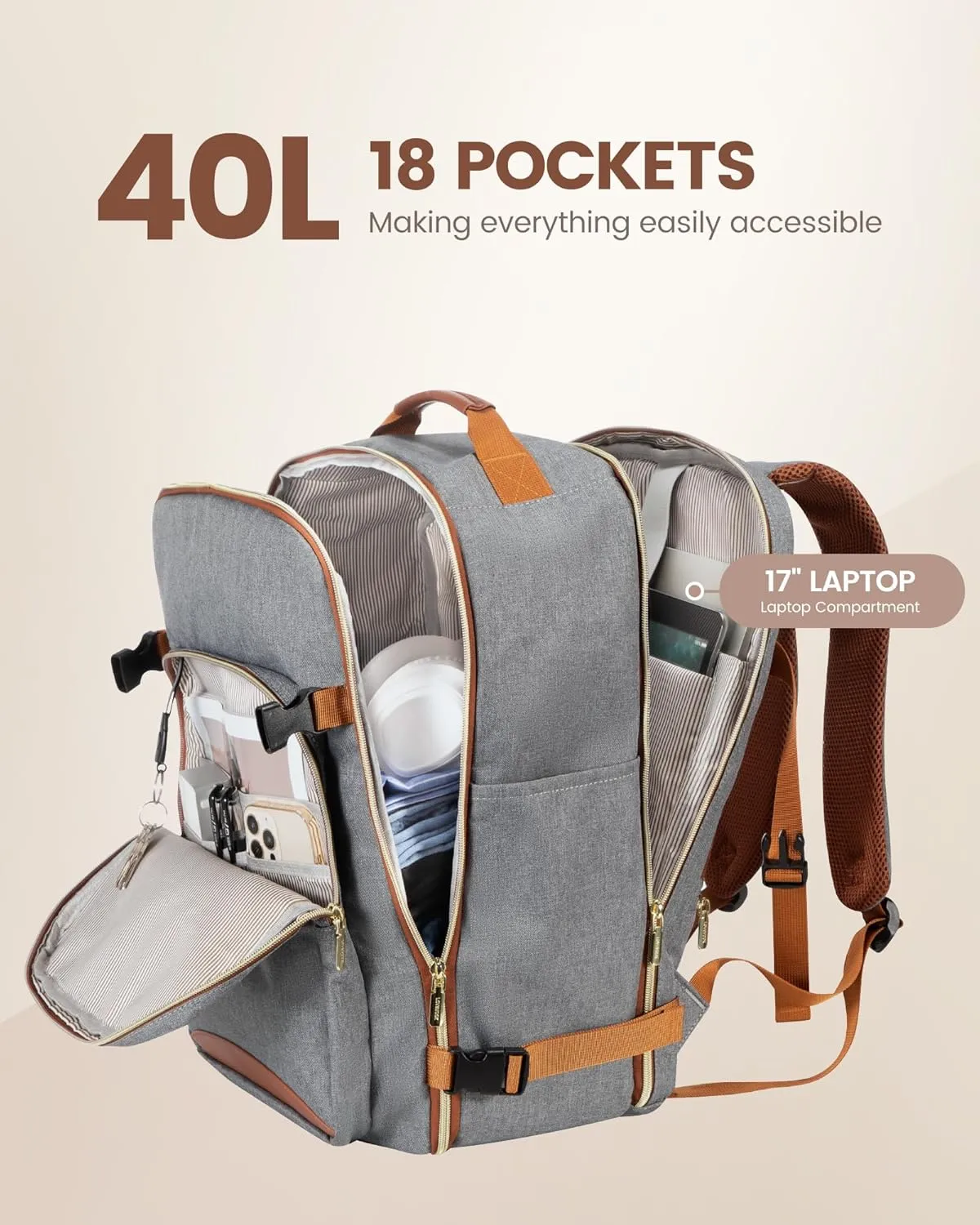 LOVEVOOK Carry on Backpack, 40L Travel Backpack as Personal Item Flight Approved, Waterproof Large 17inch Laptop Backpack Luggage Daypack Business Weekender Overnight with 3 Packing Cubes, Grey-Brown
