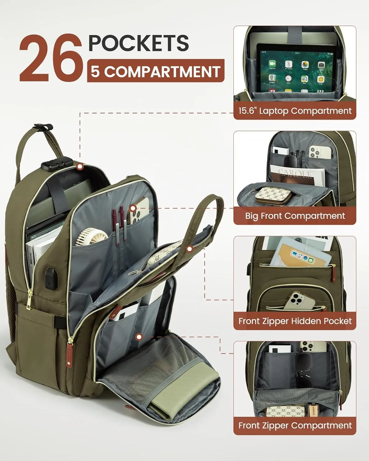 LOVEVOOK Laptop Backpack for Men & Women Unisex Travel Anti-Theft Bag Business Work Computer Backpacks Purse College Bag, Casual Hiking Daypack with Lock, 15.6 Inch, Army Green