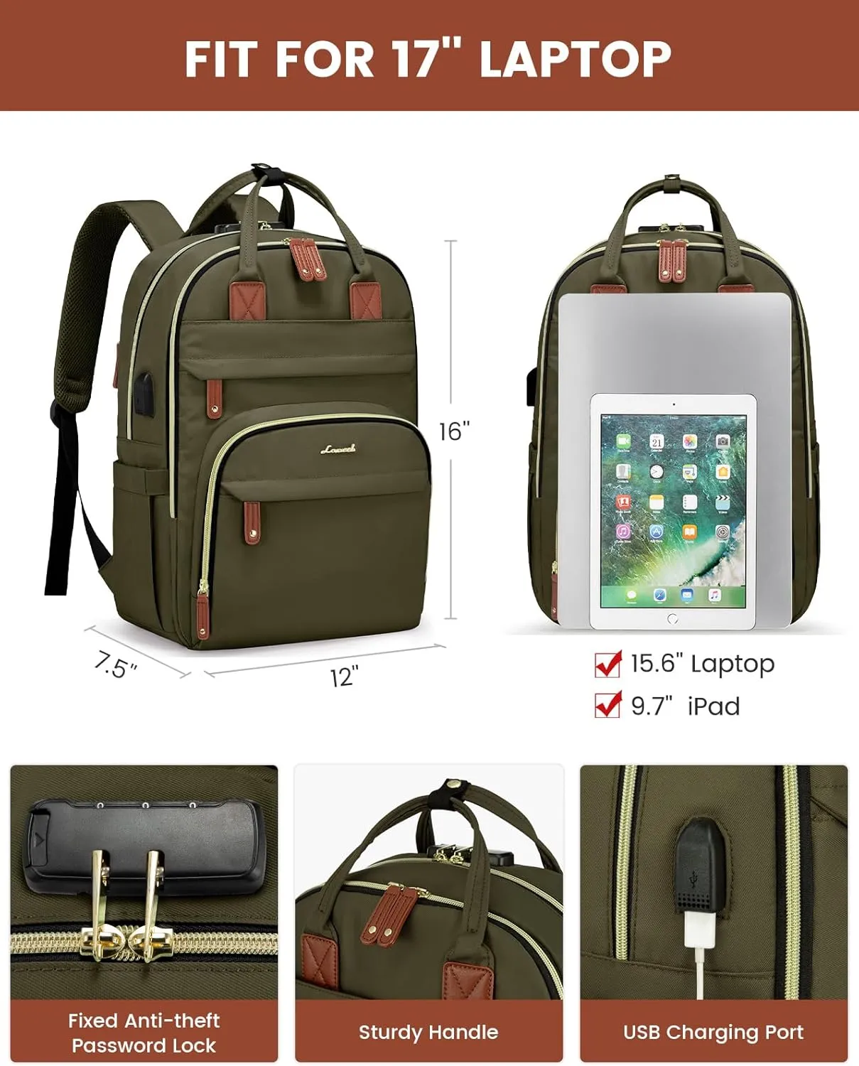 LOVEVOOK Laptop Backpack for Men & Women Unisex Travel Anti-Theft Bag Business Work Computer Backpacks Purse College Bag, Casual Hiking Daypack with Lock, 15.6 Inch, Army Green