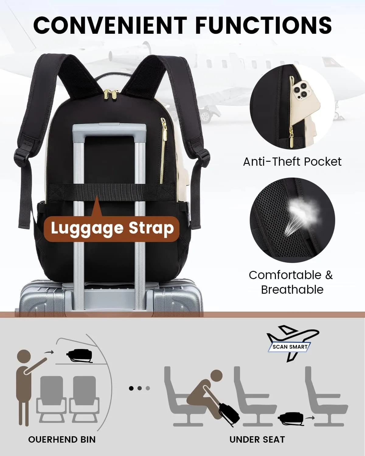LOVEVOOK Laptop Backpack for Women, 15.6 Inch Backpack Purse, Fashion Travel Work Laptop Bag with USB port, Nurse Backpacks, College Sport Dayback Business Computer Bags, Beige-black