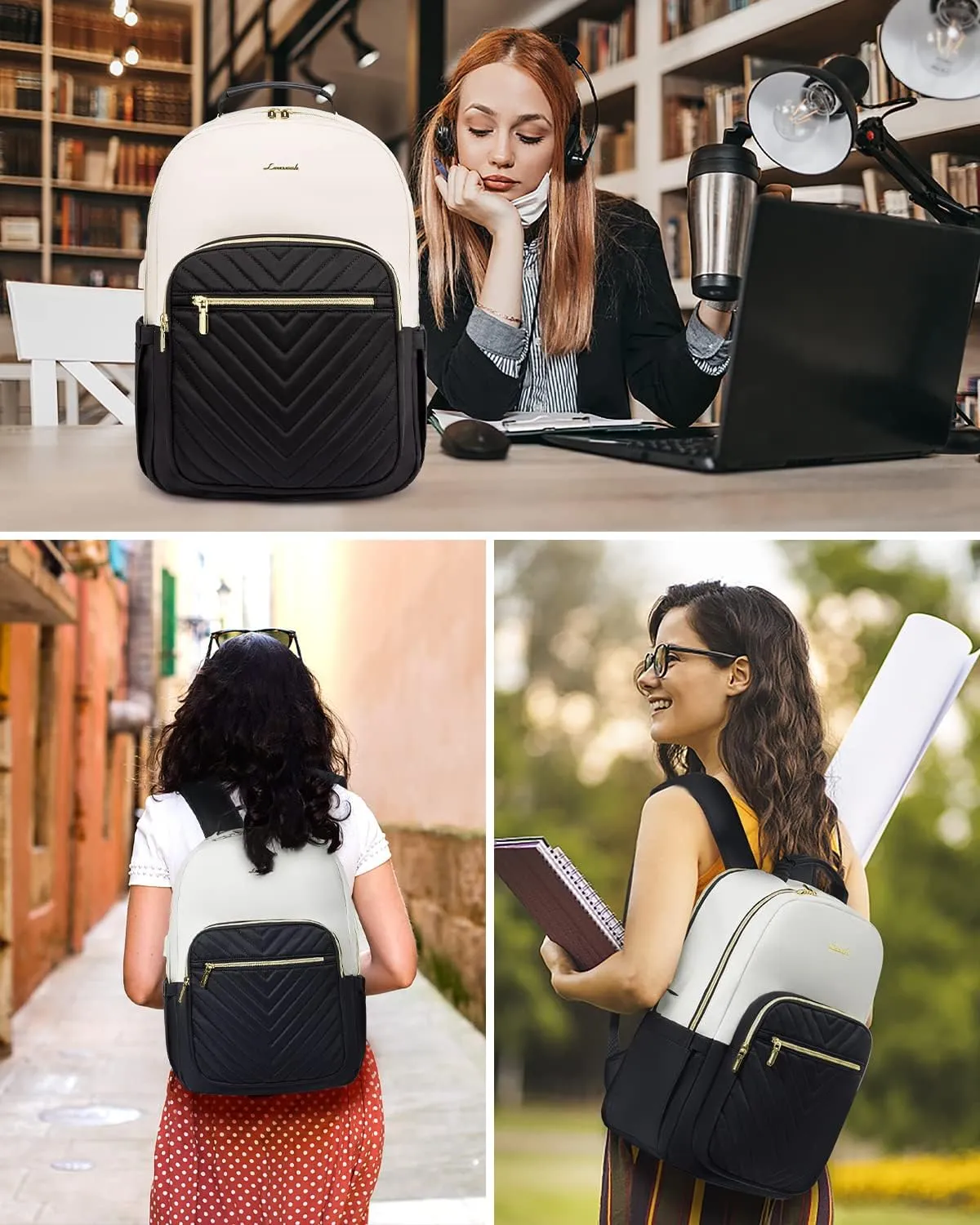 LOVEVOOK Laptop Backpack for Women, 15.6 Inch Backpack Purse, Fashion Travel Work Laptop Bag with USB port, Nurse Backpacks, College Sport Dayback Business Computer Bags, Beige-black