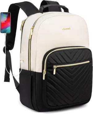 LOVEVOOK Laptop Backpack for Women, 15.6 Inch Backpack Purse, Fashion Travel Work Laptop Bag with USB port, Nurse Backpacks, College Sport Dayback Business Computer Bags, Beige-black