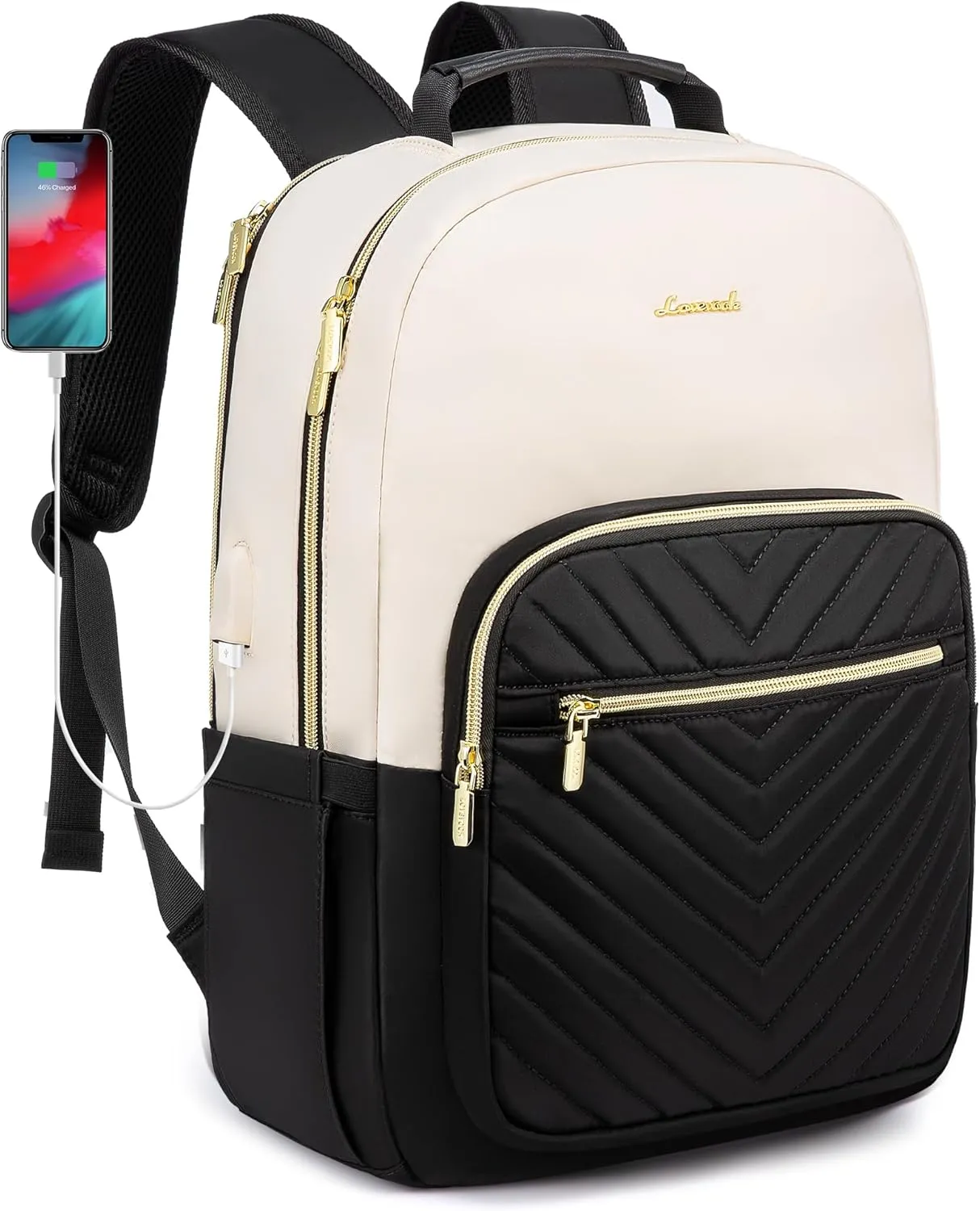 LOVEVOOK Laptop Backpack for Women, 15.6 Inch Backpack Purse, Fashion Travel Work Laptop Bag with USB port, Nurse Backpacks, College Sport Dayback Business Computer Bags, Beige-black