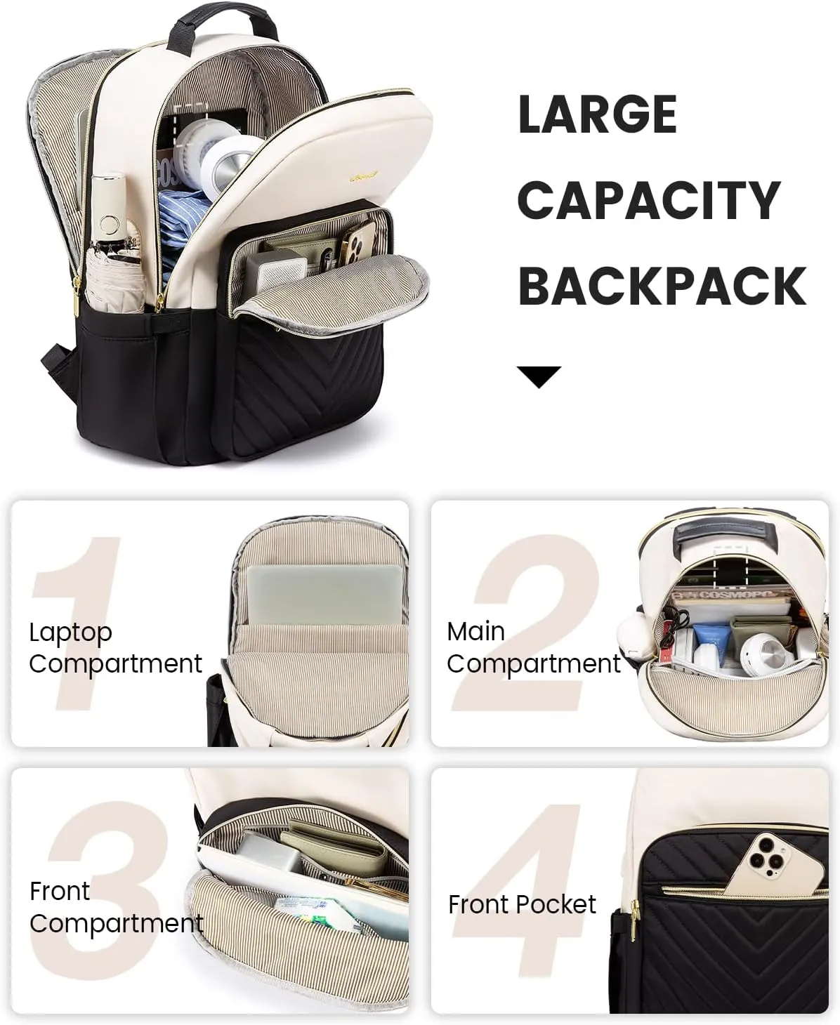 LOVEVOOK Laptop Backpack for Women, 15.6 Inch Backpack Purse, Fashion Travel Work Laptop Bag with USB port, Nurse Backpacks, College Sport Dayback Business Computer Bags, Beige-black