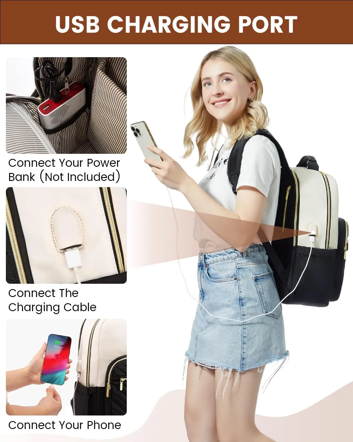 LOVEVOOK Laptop Backpack for Women, 15.6 Inch Backpack Purse, Fashion Travel Work Laptop Bag with USB port, Nurse Backpacks, College Sport Dayback Business Computer Bags, Beige-black