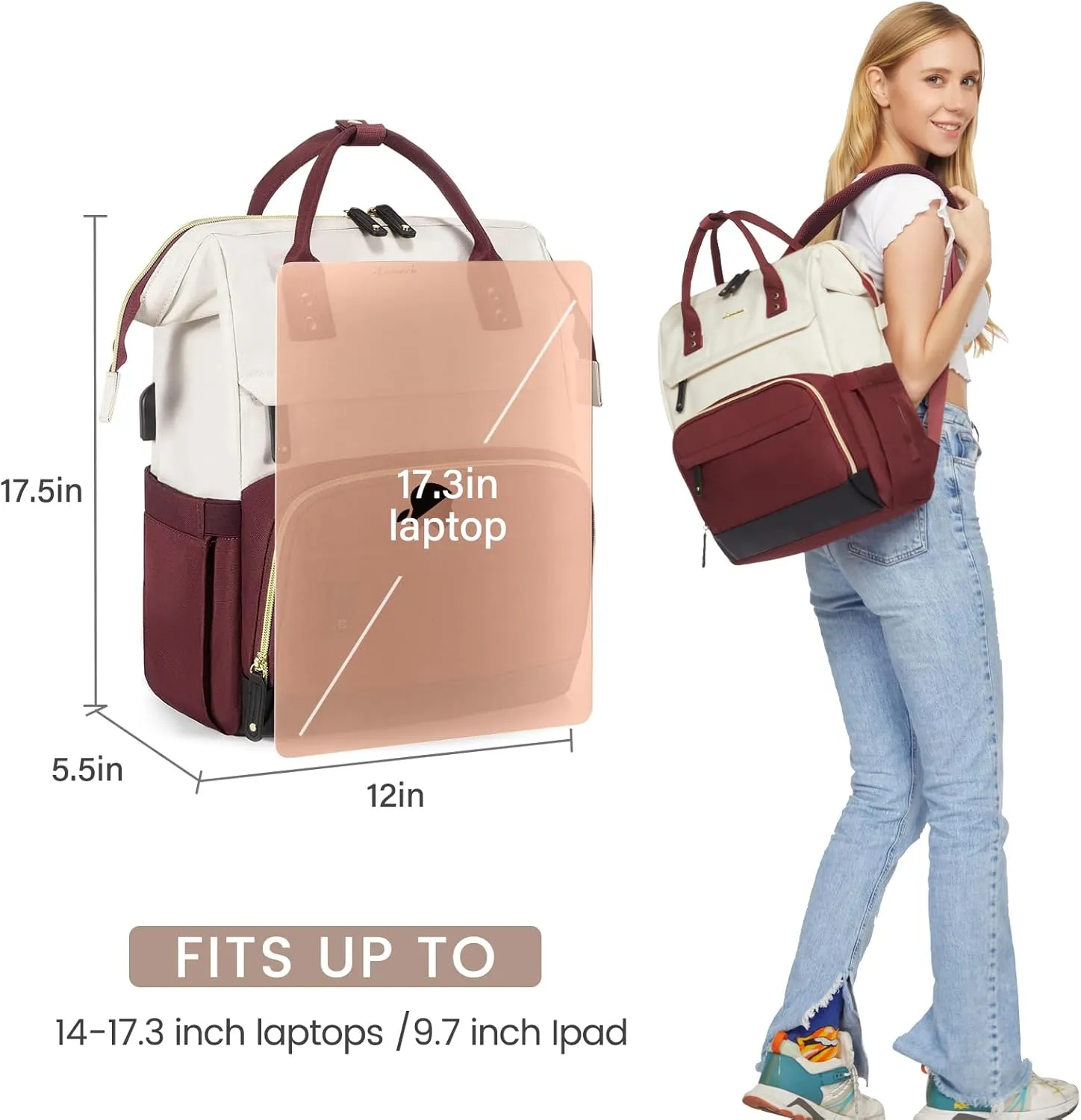 LOVEVOOK Laptop Backpack for Women, 17 Inch Work Business Backpacks Purse with USB Port, Large Capacity Nurse Bag College Bookbag for School, Waterproof Casual Daypack for Travel