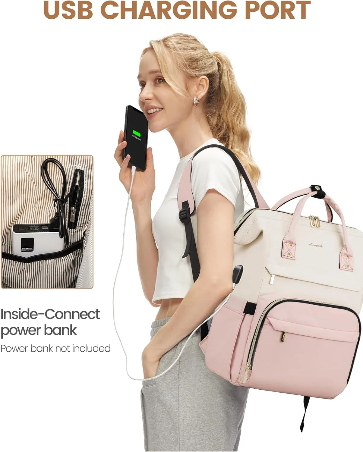 LOVEVOOK Laptop Backpack for Women Fashion Business Computer Backpacks Travel Bags Purse Doctor Nurse Work Backpack with USB Port, Fits 15.6-Inch Laptop Beige Pink