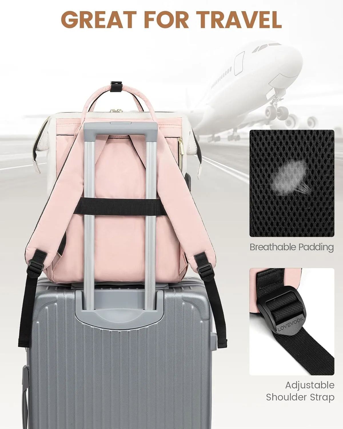 LOVEVOOK Laptop Backpack for Women Fashion Business Computer Backpacks Travel Bags Purse Doctor Nurse Work Backpack with USB Port, Fits 15.6-Inch Laptop Beige Pink