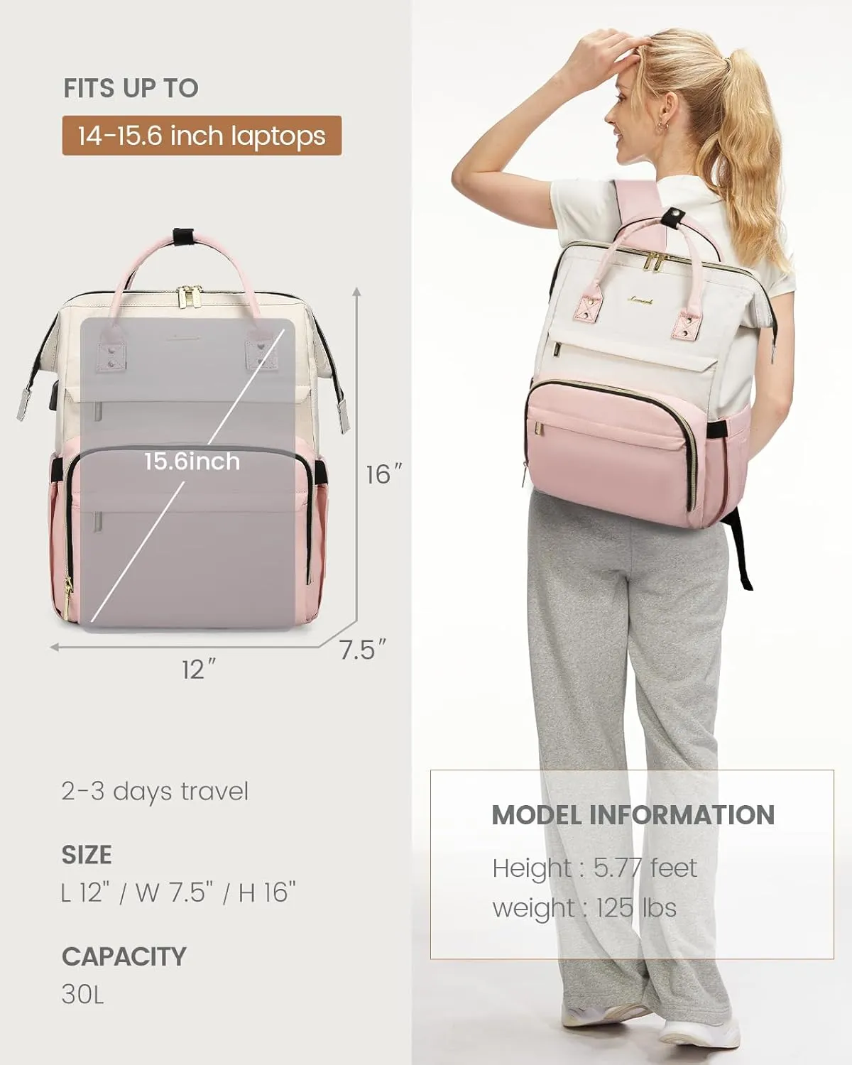 LOVEVOOK Laptop Backpack for Women Fashion Business Computer Backpacks Travel Bags Purse Doctor Nurse Work Backpack with USB Port, Fits 15.6-Inch Laptop Beige Pink