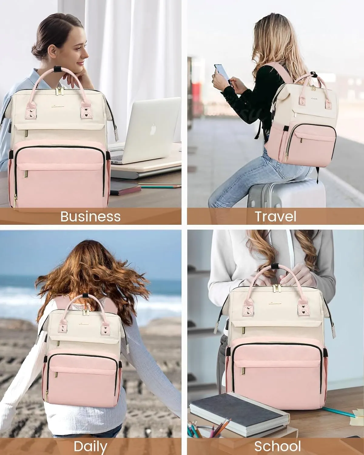 LOVEVOOK Laptop Backpack for Women Fashion Business Computer Backpacks Travel Bags Purse Doctor Nurse Work Backpack with USB Port, Fits 15.6-Inch Laptop Beige Pink