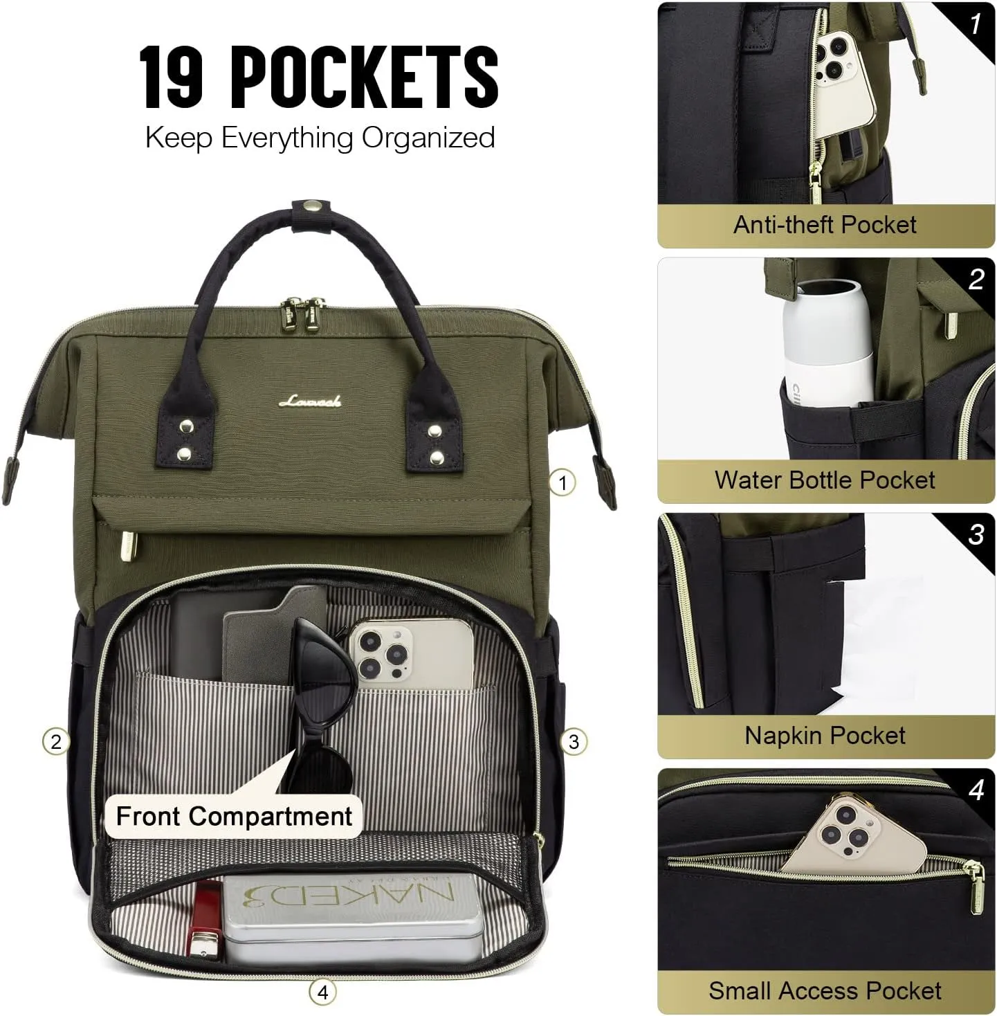 LOVEVOOK Laptop Backpack for Women, Fashion Computer Backpacks Purse, School Student Bookbag for Girl, Business Travel Bags, Doctor Nurse Backpack for Work, Fits 15.6-Inch Laptop, Army Green-Black