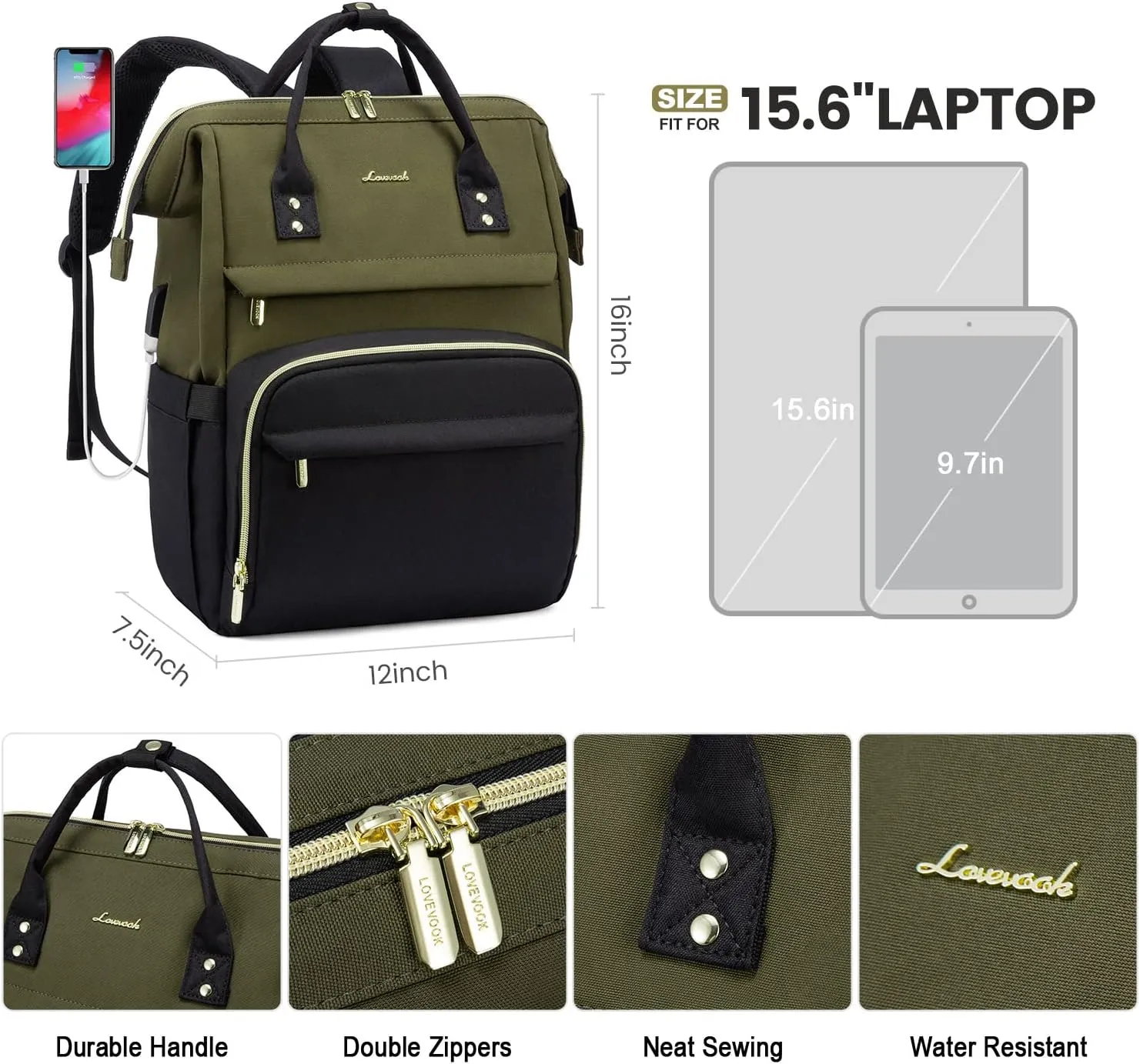 LOVEVOOK Laptop Backpack for Women, Fashion Computer Backpacks Purse, School Student Bookbag for Girl, Business Travel Bags, Doctor Nurse Backpack for Work, Fits 15.6-Inch Laptop, Army Green-Black