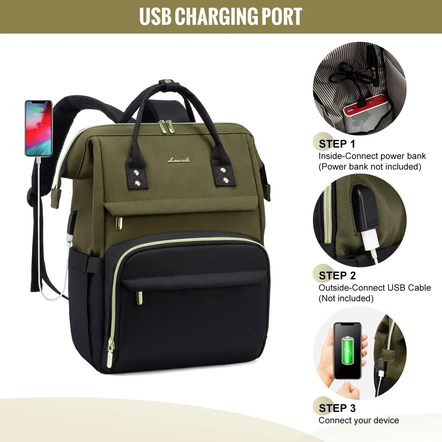 LOVEVOOK Laptop Backpack for Women, Fashion Computer Backpacks Purse, School Student Bookbag for Girl, Business Travel Bags, Doctor Nurse Backpack for Work, Fits 15.6-Inch Laptop, Army Green-Black