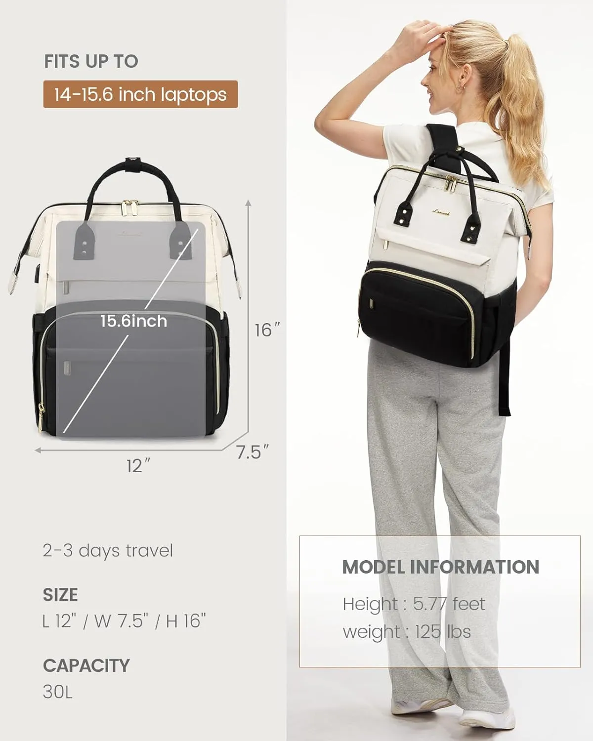 LOVEVOOK Laptop Backpack for Women, Fashion Computer Backpacks Purse, School Student Bookbag for Girl, Business Travel Bags, Doctor Nurse Backpack for Work, Fits 15.6-Inch Laptop, Beige-Black