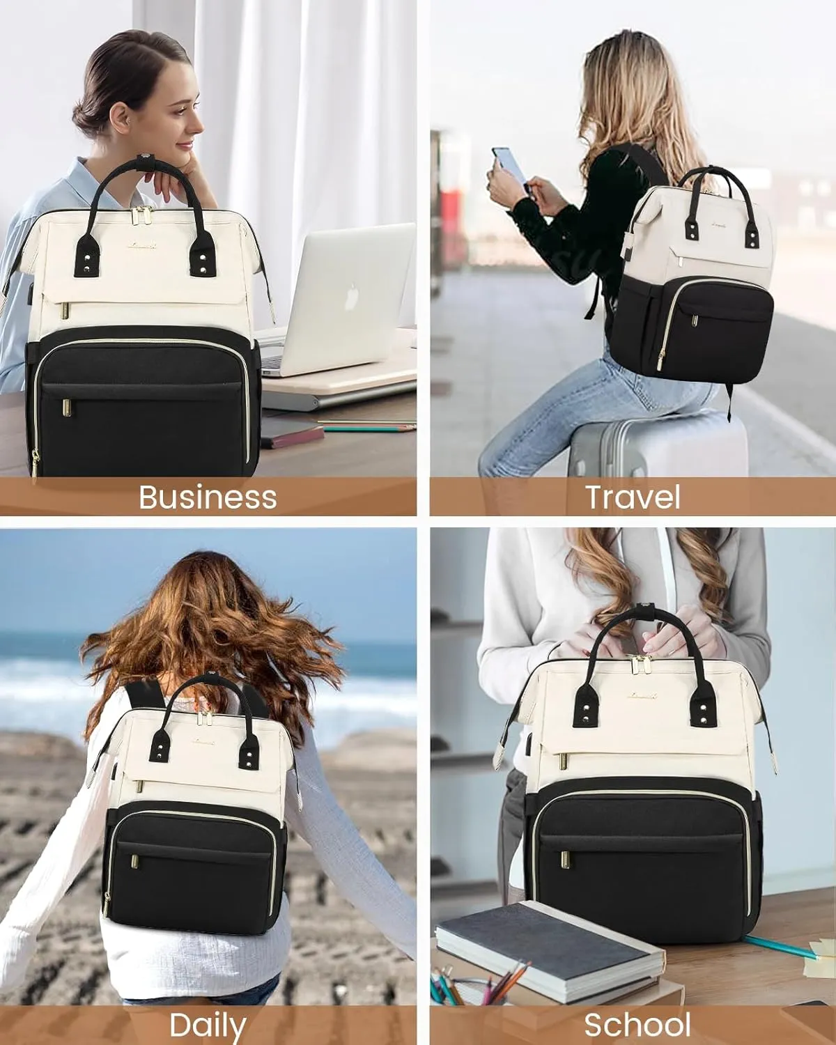 LOVEVOOK Laptop Backpack for Women, Fashion Computer Backpacks Purse, School Student Bookbag for Girl, Business Travel Bags, Doctor Nurse Backpack for Work, Fits 15.6-Inch Laptop, Beige-Black