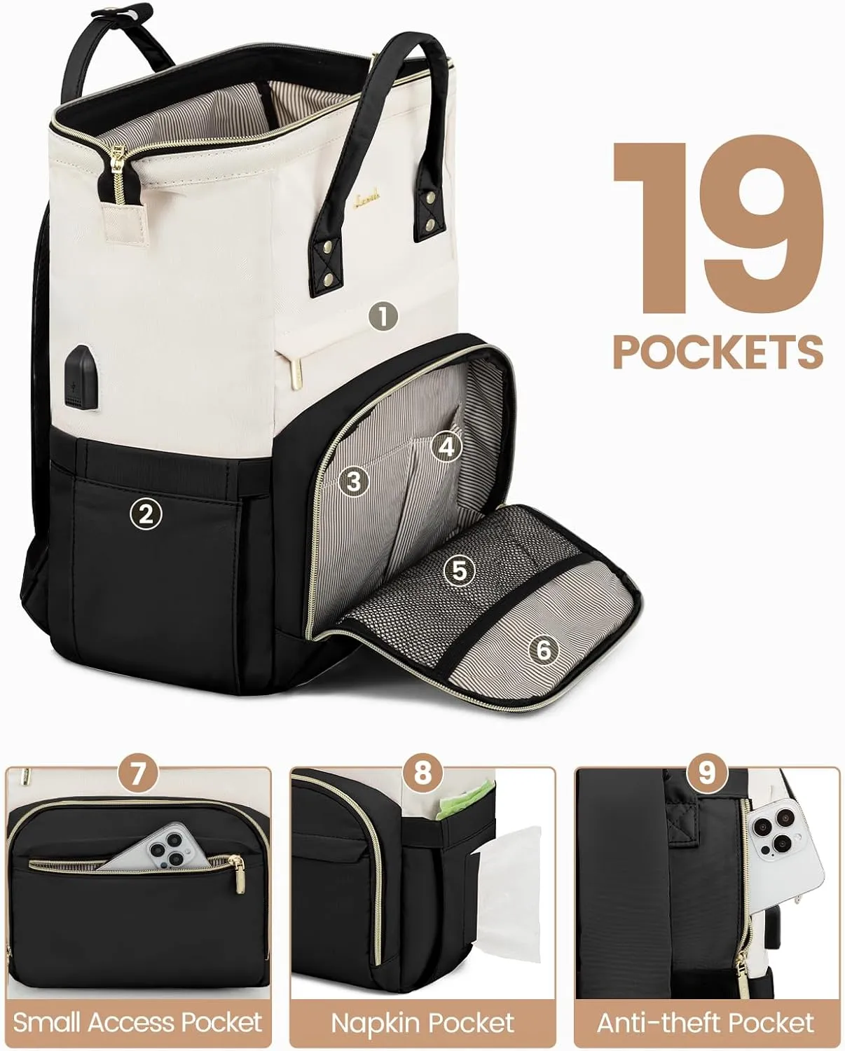 LOVEVOOK Laptop Backpack for Women, Fashion Computer Backpacks Purse, School Student Bookbag for Girl, Business Travel Bags, Doctor Nurse Backpack for Work, Fits 15.6-Inch Laptop, Beige-Black