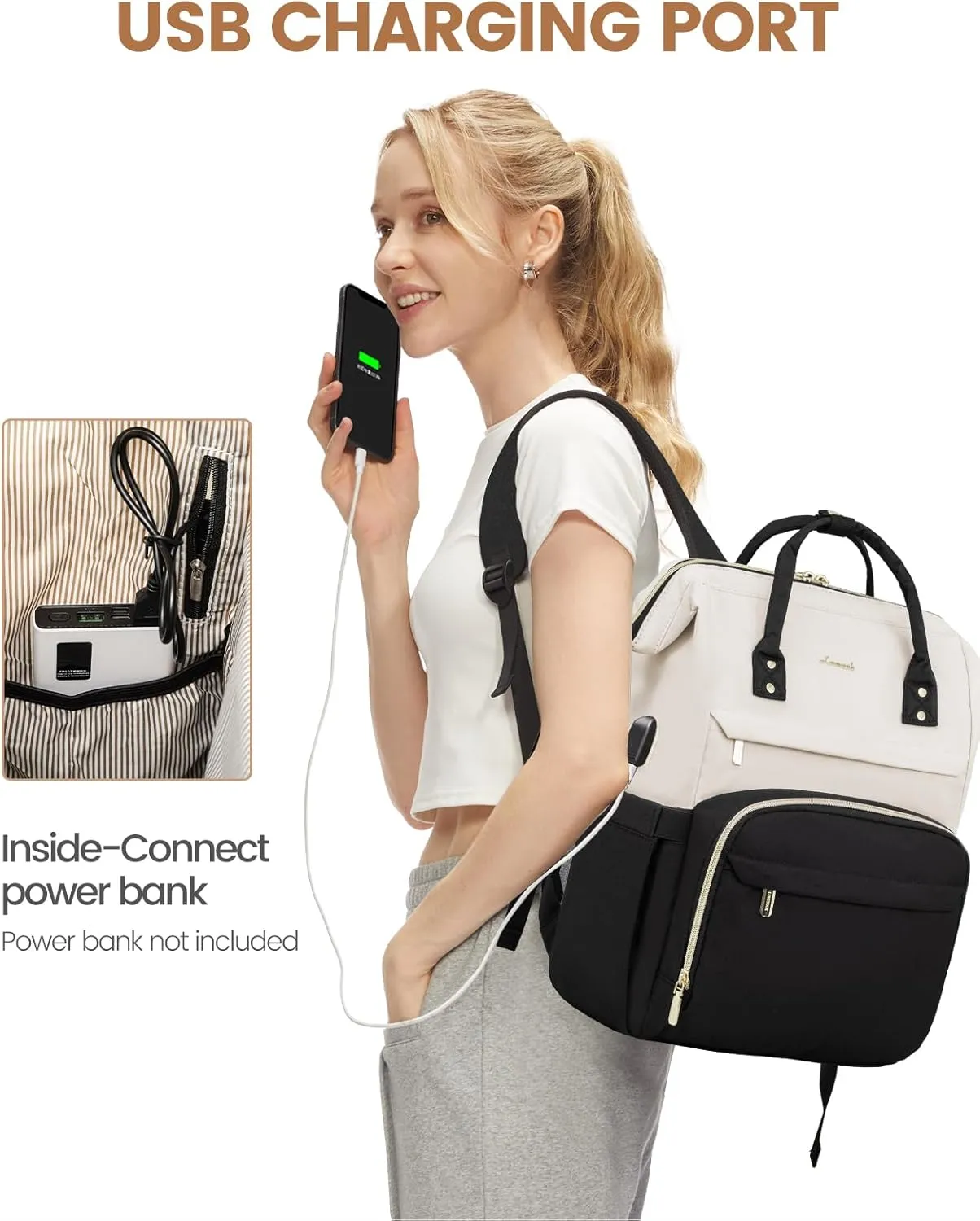 LOVEVOOK Laptop Backpack for Women, Fashion Computer Backpacks Purse, School Student Bookbag for Girl, Business Travel Bags, Doctor Nurse Backpack for Work, Fits 15.6-Inch Laptop, Beige-Black