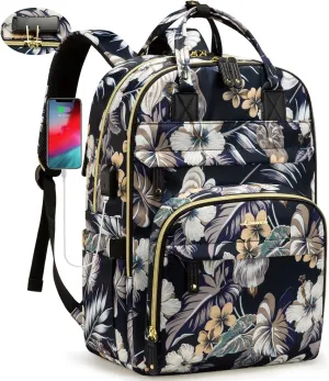 LOVEVOOK Laptop Backpack for Women, Large Capacity Travel Anti-theft Bag Business Computer Backpacks Purse Backpack, Casual Hiking Daypack with Lock, 15.6 Inch, Flower Pattern 1