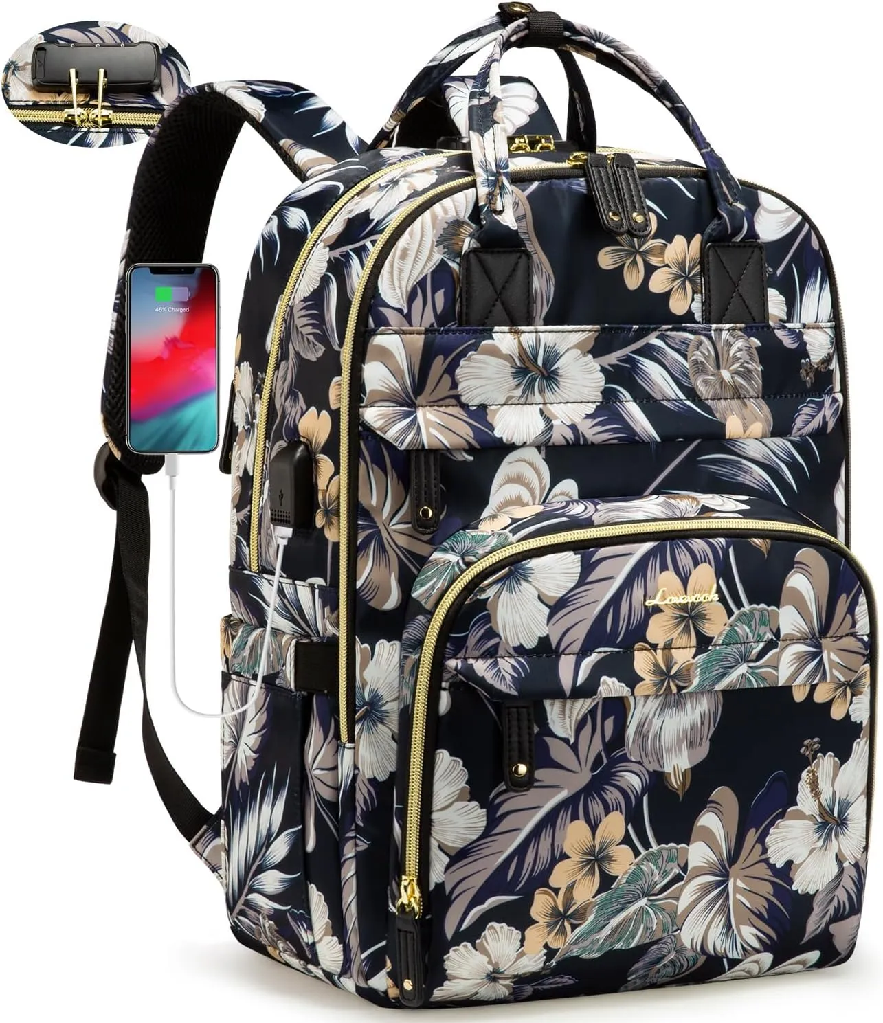 LOVEVOOK Laptop Backpack for Women, Large Capacity Travel Anti-theft Bag Business Computer Backpacks Purse Backpack, Casual Hiking Daypack with Lock, 15.6 Inch, Flower Pattern 1
