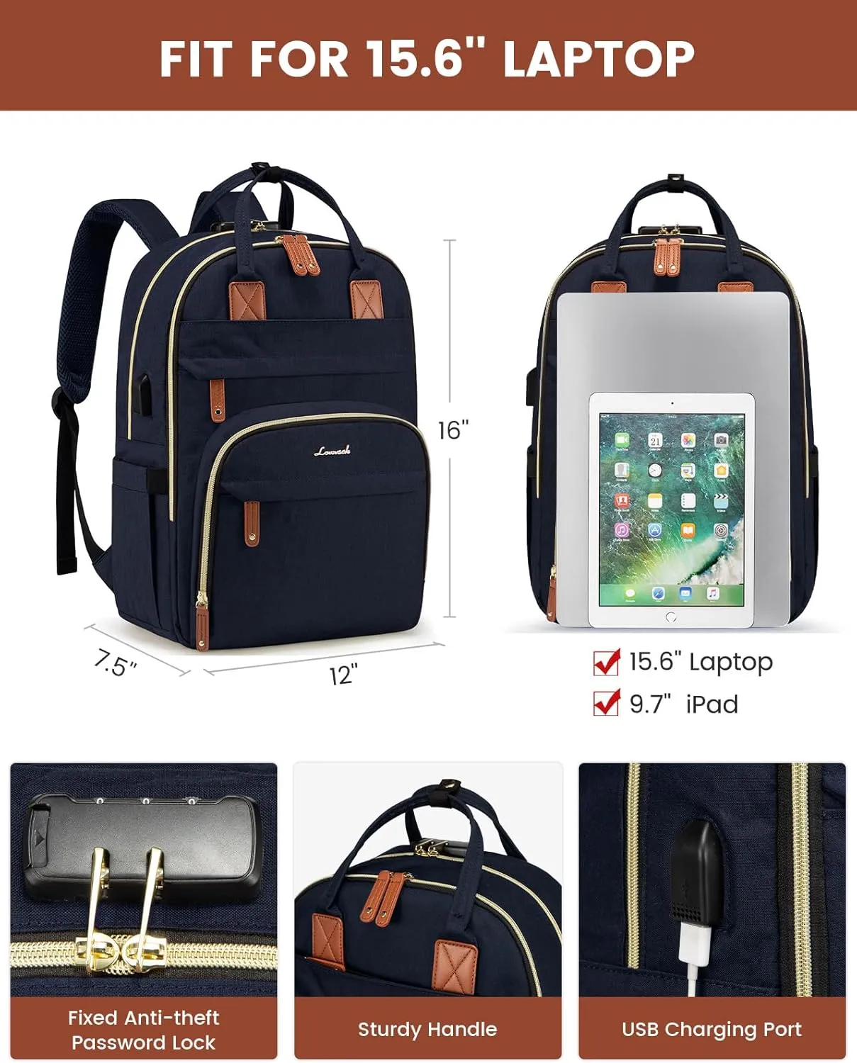 LOVEVOOK Laptop Backpack for Women, Large Capacity Travel Anti-theft Bag Business Computer Backpacks Purse Backpack, Casual Hiking Daypack with Lock, 15.6 Inch, Flower Pattern 1