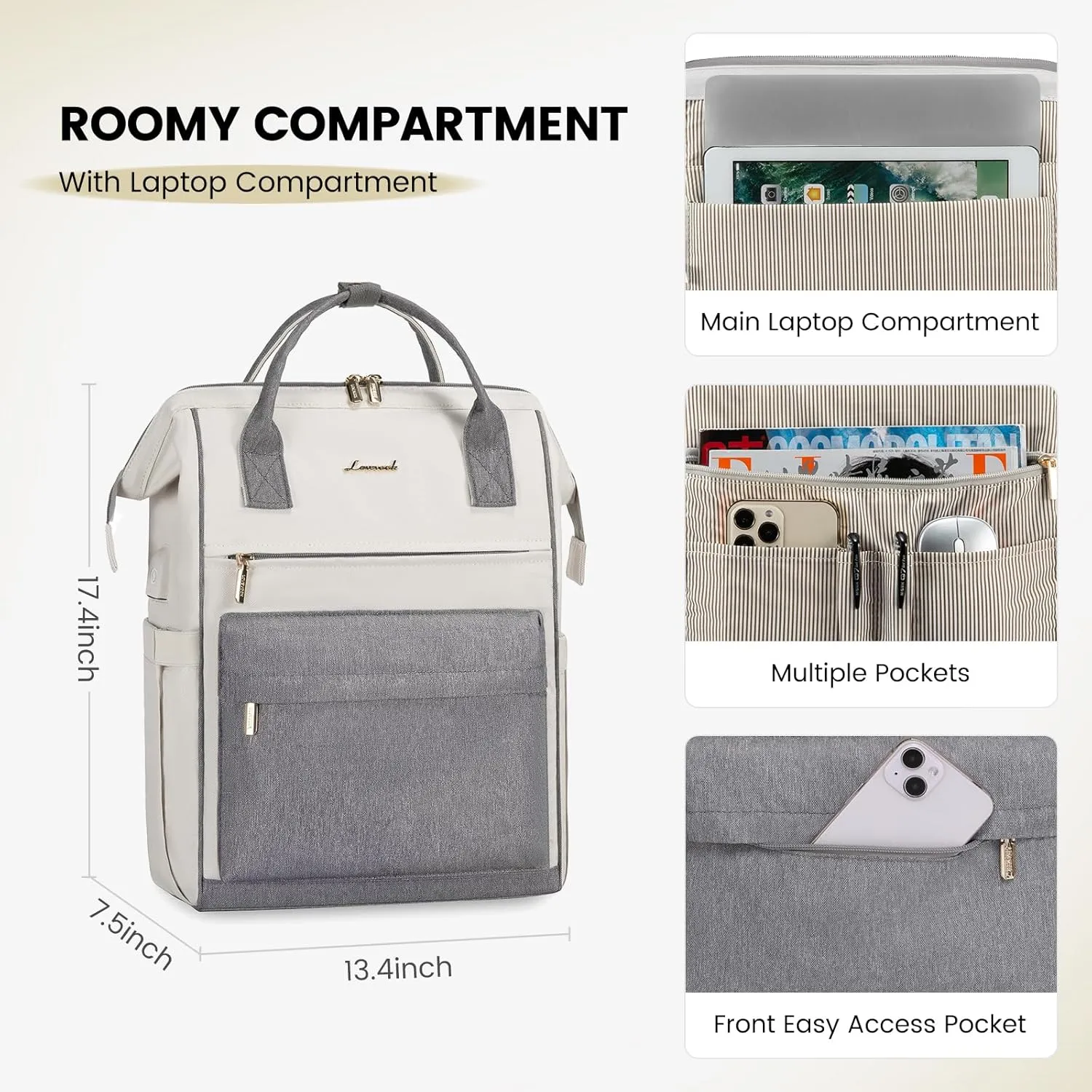 LOVEVOOK Laptop Backpack Purse for Women Waterproof Teacher Nurse Bag, 17.3 Inch Work Laptop Bag with USB Port, Business Travel Computer Backpack, Off White-Grey