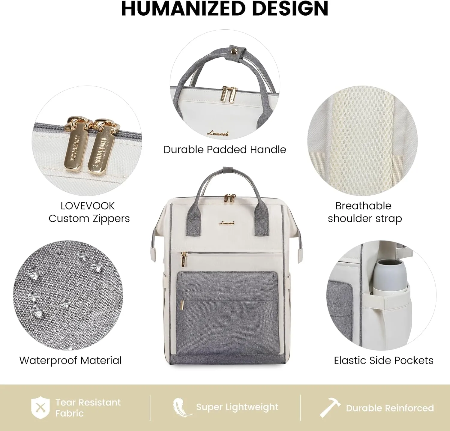 LOVEVOOK Laptop Backpack Purse for Women Waterproof Teacher Nurse Bag, 17.3 Inch Work Laptop Bag with USB Port, Business Travel Computer Backpack, Off White-Grey