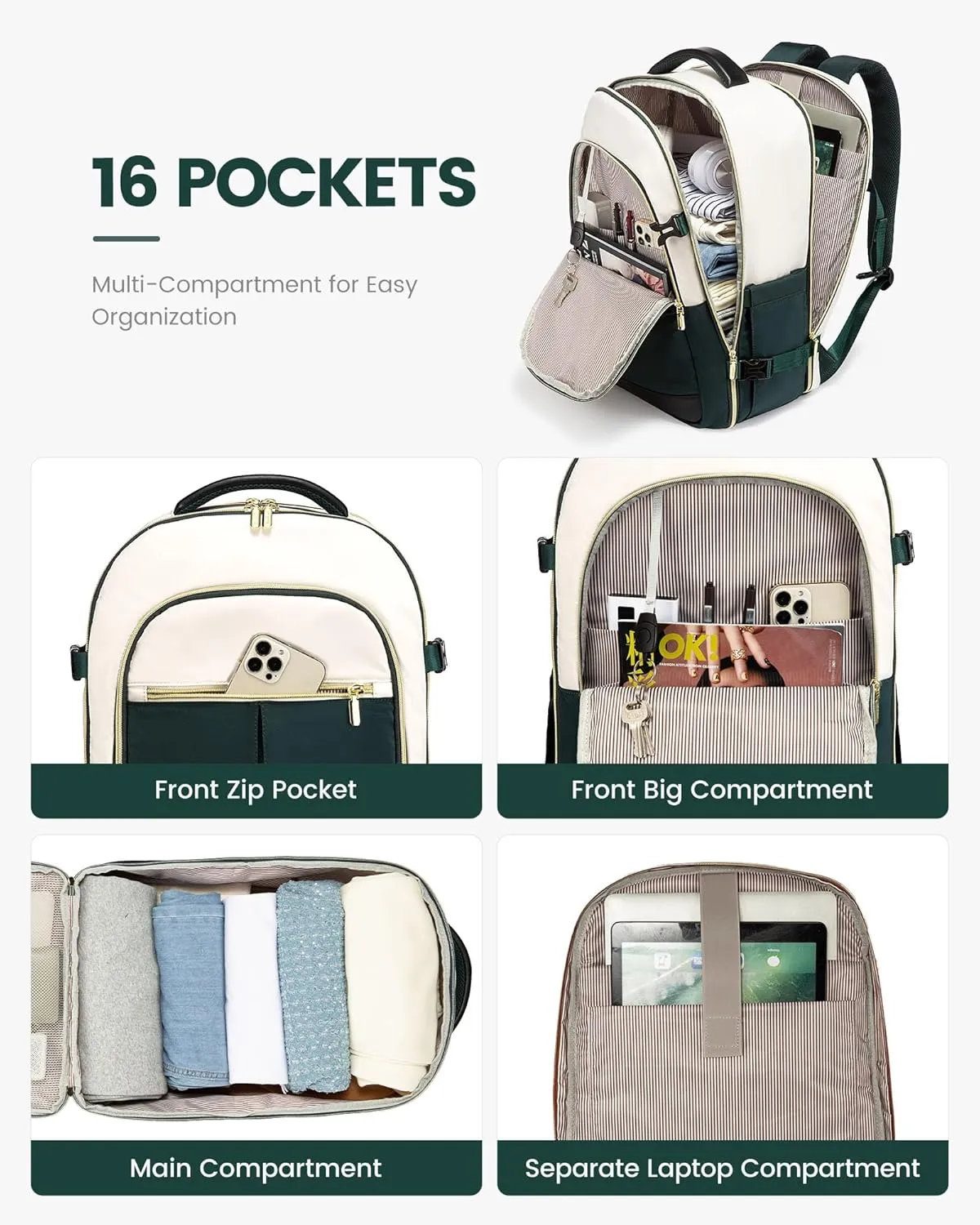 LOVEVOOK Large Travel Backpack for Women, 40L Carry on Luggage Flight Approved, TSA Personal Item Travel Bag Fits 17.3 Inch Laptop,Water-Resistant Travel Work Weekender Backpack with 2 Packing Cubes