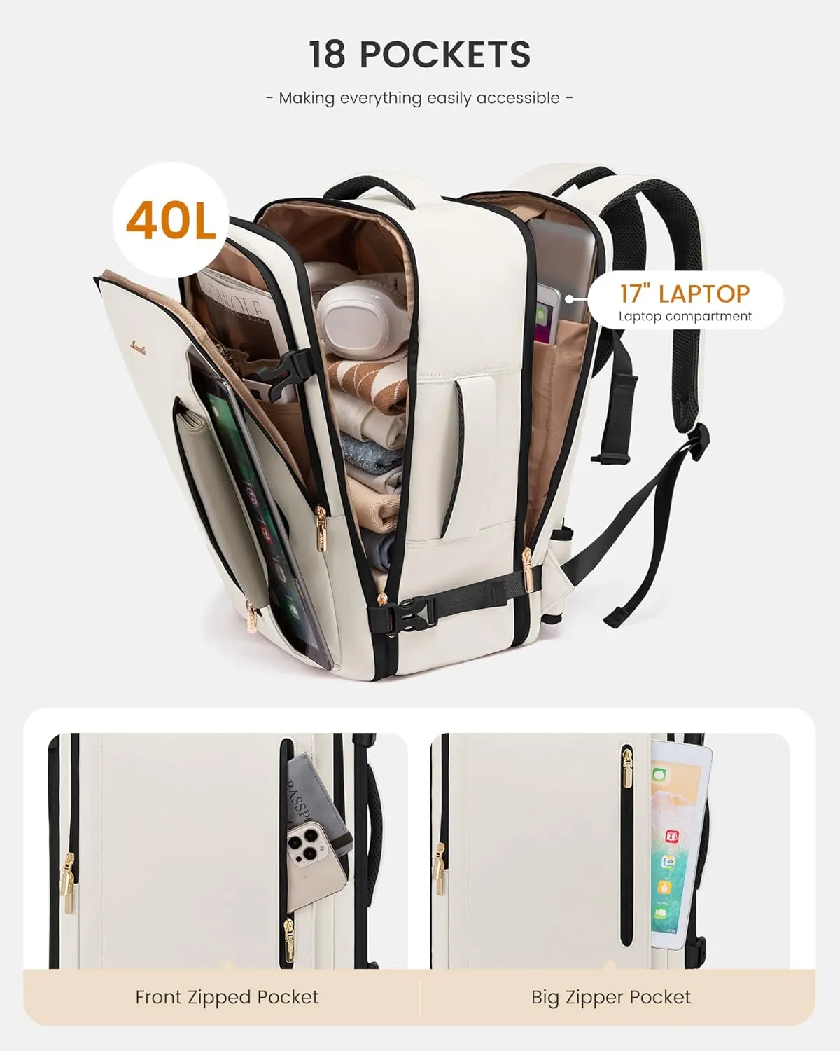 LOVEVOOK Travel Backpack For Women with Waist Strap, 40L Carry On Backpack Luggage Flight Approved,TSA Personal ltem Travel Bag Essentials Fits 17.3 Inch Laptop,Weekender Daypack with 3 Packing Cubes