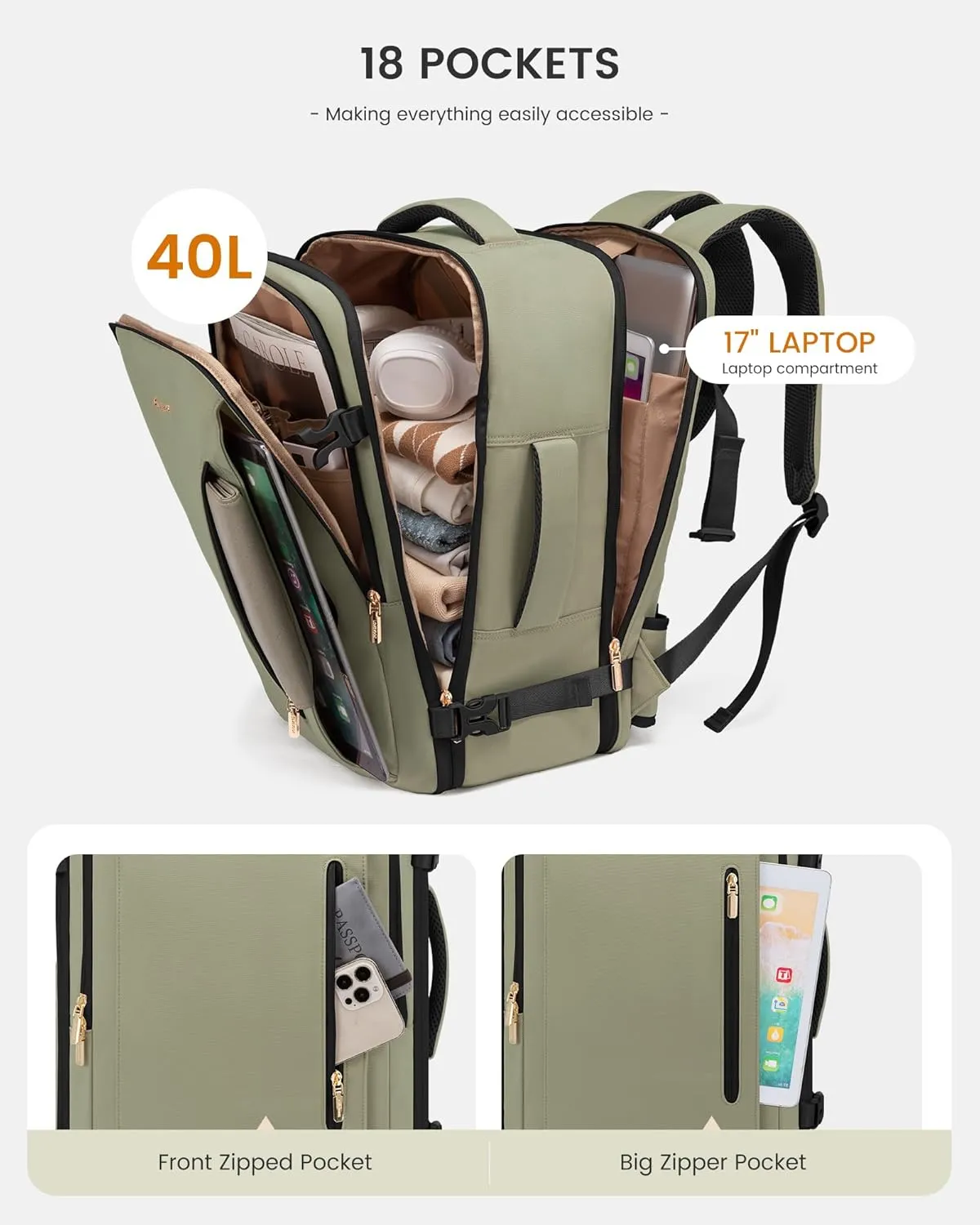 LOVEVOOK Travel Backpack for Women with Waist Strap, 40L Carry On Backpack Luggage Flight Approved,TSA Personal ltem Travel Bag Essentials Fits 17.3 Inch Laptop,Weekender Daypack with 3 Packing Cubes