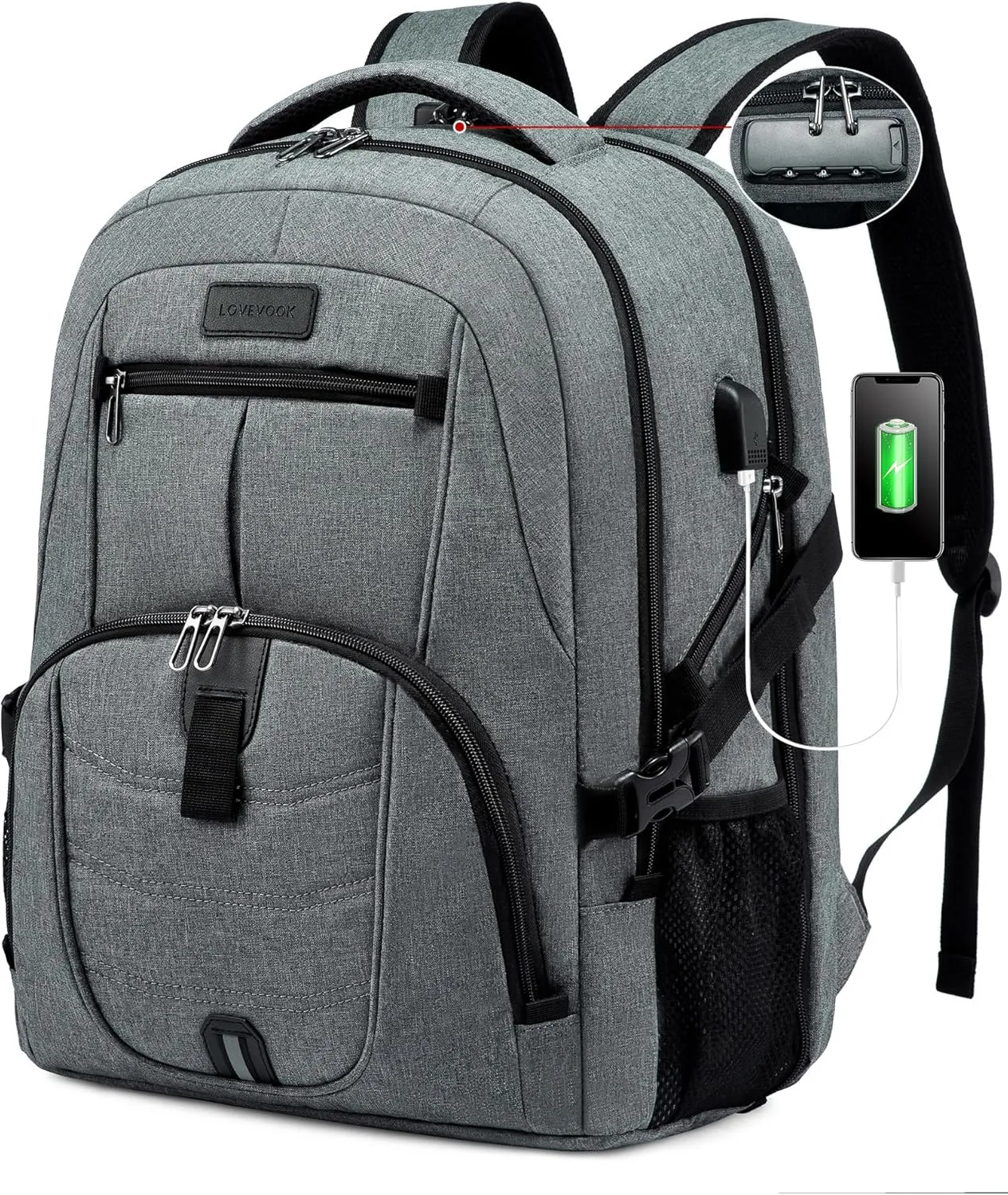LOVEVOOK Travel Laptop Backpack Waterproof Anti Theft Backpack with Lock and USB Charging Port Large Computer Business Backpack for Men College Backpack (17 inch,DarkGrey