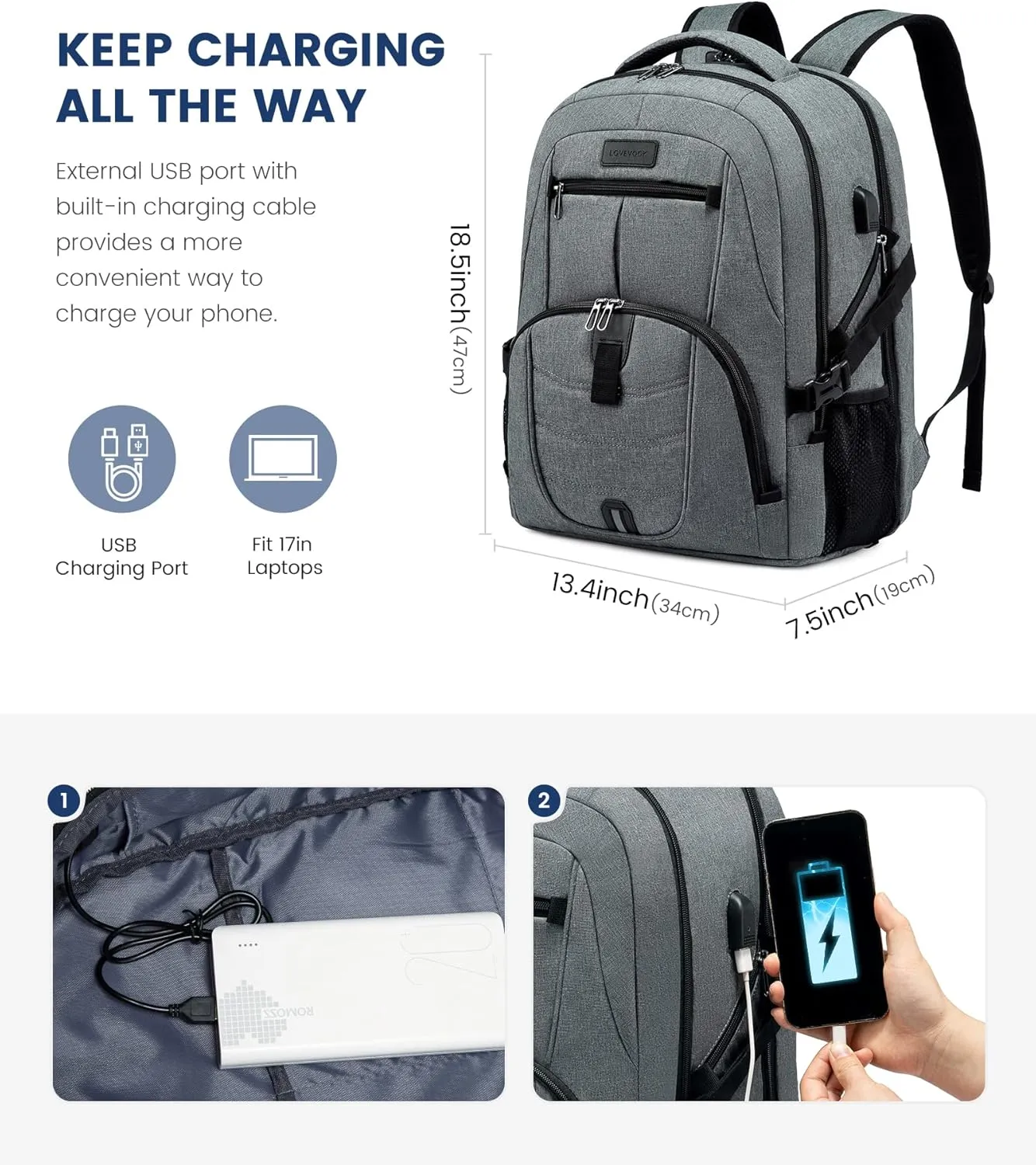 LOVEVOOK Travel Laptop Backpack Waterproof Anti Theft Backpack with Lock and USB Charging Port Large Computer Business Backpack for Men College Backpack (17 inch,DarkGrey