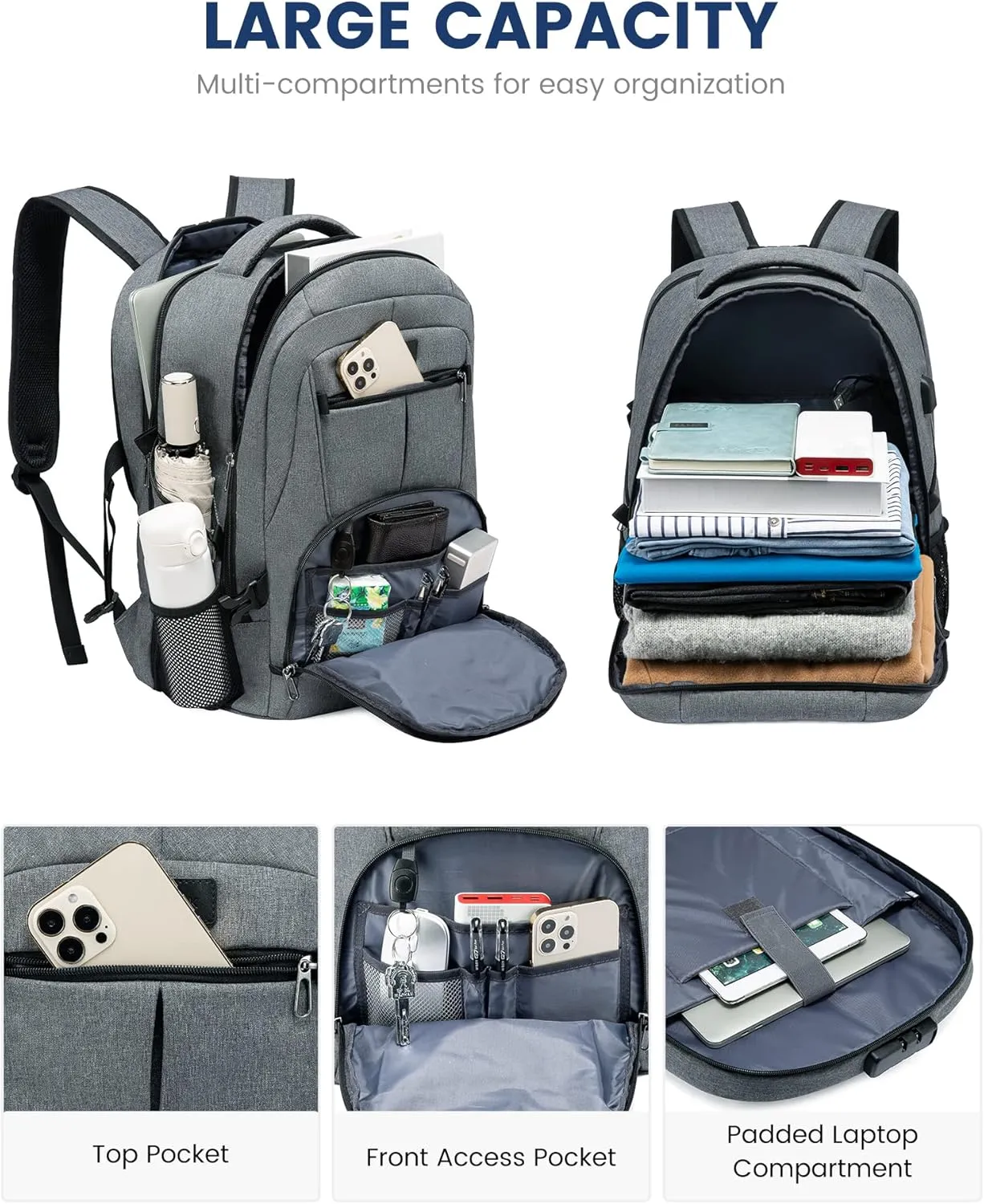 LOVEVOOK Travel Laptop Backpack Waterproof Anti Theft Backpack with Lock and USB Charging Port Large Computer Business Backpack for Men College Backpack (17 inch,DarkGrey