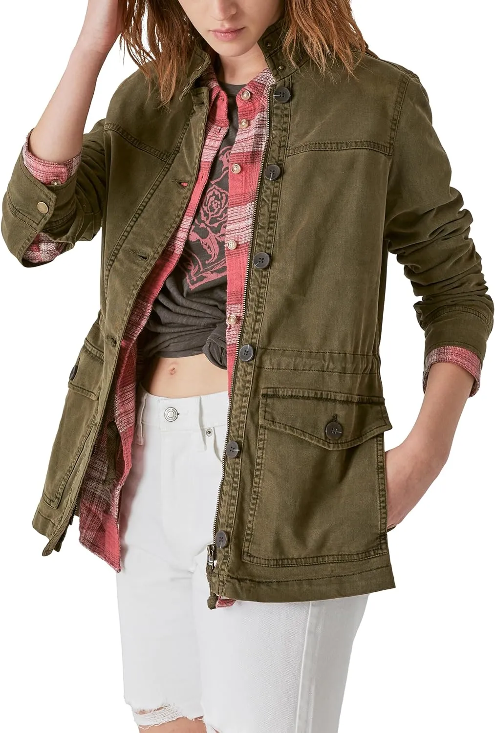 Lucky Brand Women's Long Sleeve Button Up Two Pocket Utility Jacket