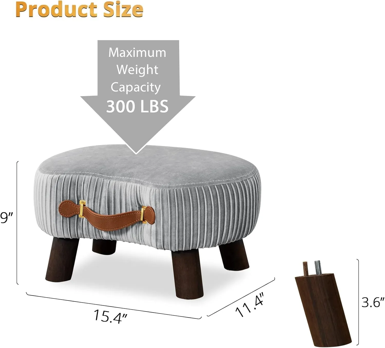 LUE BONA Small Curved Foot Stool with Handle, Gray Velvet Footstool and Ottomans, Modern Foot Rest with Wooden Legs, Step Stool with Padded Seat for Couch, Living Room