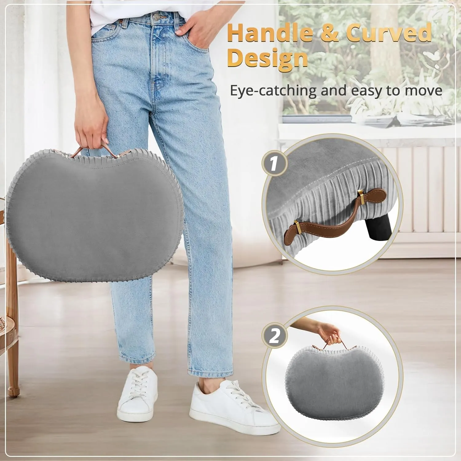 LUE BONA Small Curved Foot Stool with Handle, Gray Velvet Footstool and Ottomans, Modern Foot Rest with Wooden Legs, Step Stool with Padded Seat for Couch, Living Room
