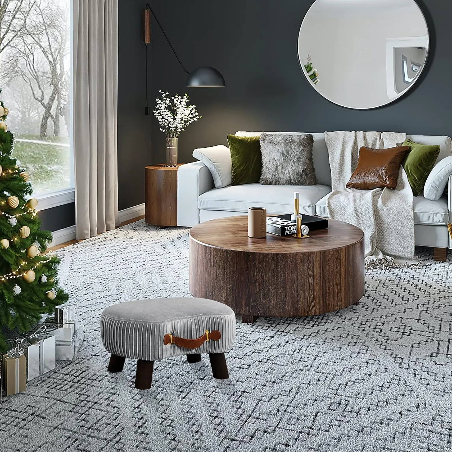 LUE BONA Small Curved Foot Stool with Handle, Gray Velvet Footstool and Ottomans, Modern Foot Rest with Wooden Legs, Step Stool with Padded Seat for Couch, Living Room