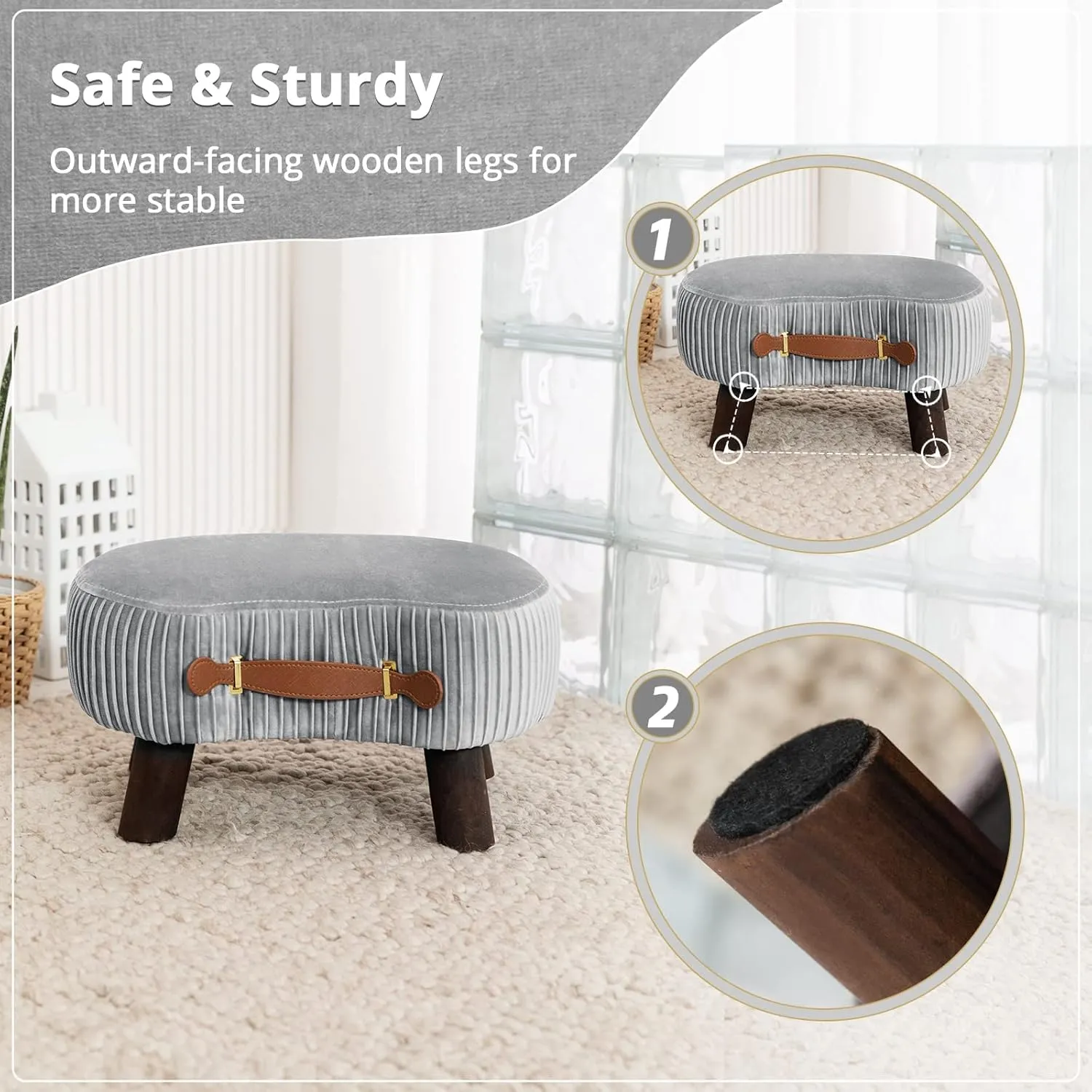 LUE BONA Small Curved Foot Stool with Handle, Gray Velvet Footstool and Ottomans, Modern Foot Rest with Wooden Legs, Step Stool with Padded Seat for Couch, Living Room
