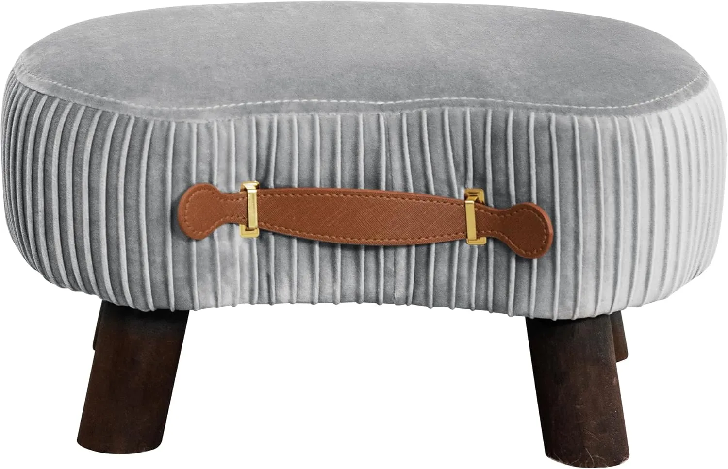 LUE BONA Small Curved Foot Stool with Handle, Gray Velvet Footstool and Ottomans, Modern Foot Rest with Wooden Legs, Step Stool with Padded Seat for Couch, Living Room