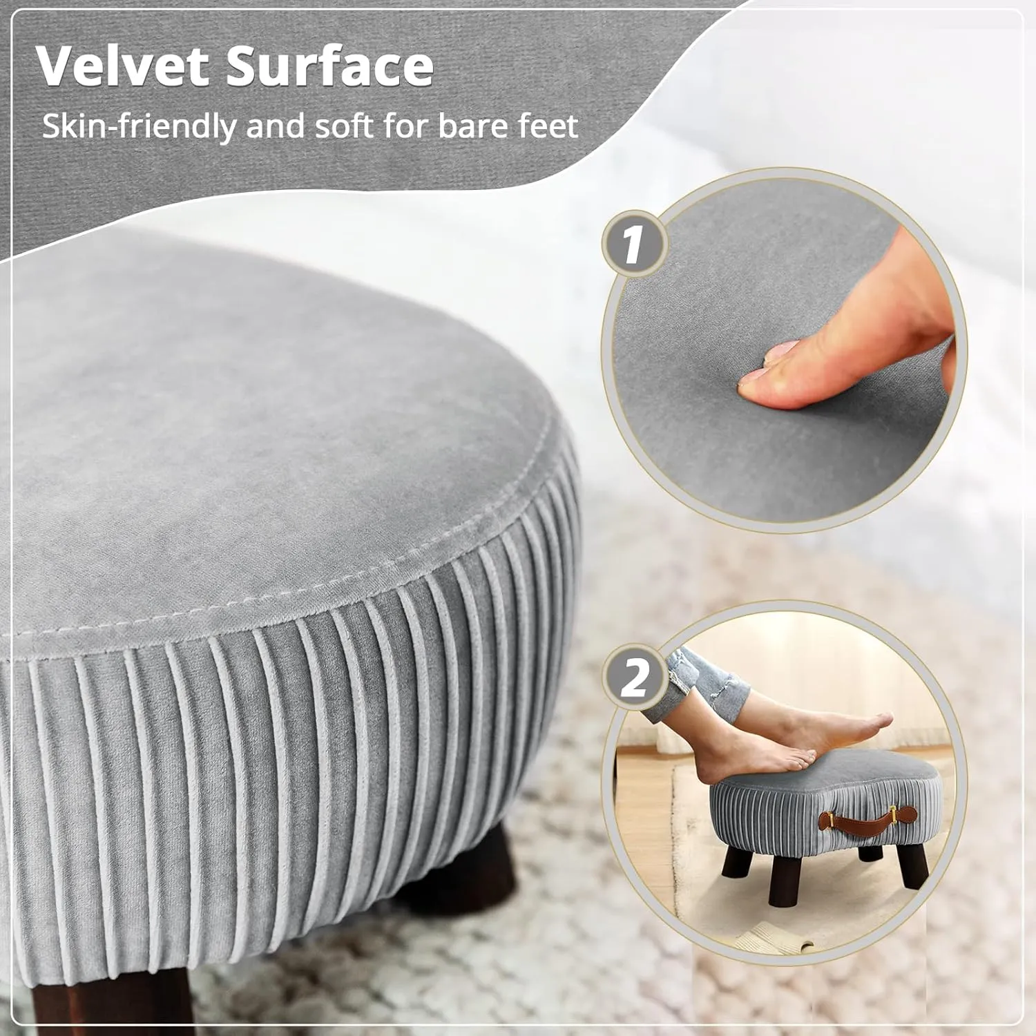 LUE BONA Small Curved Foot Stool with Handle, Gray Velvet Footstool and Ottomans, Modern Foot Rest with Wooden Legs, Step Stool with Padded Seat for Couch, Living Room