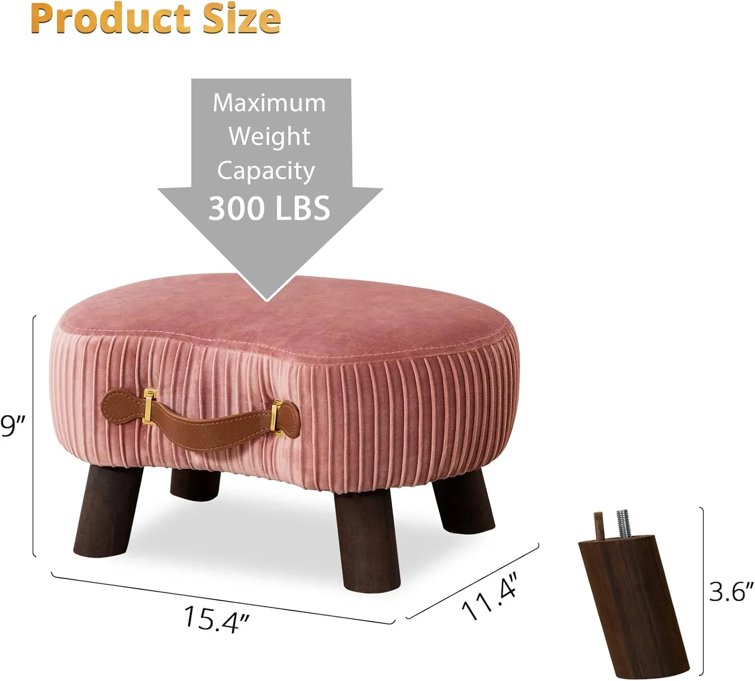 LUE BONA Small Curved Foot Stool with Handle, Pink Velvet Footstool and Ottomans, Modern Foot Rest with Wooden Legs, Step Stool with Padded Seat for Couch, Living Room…