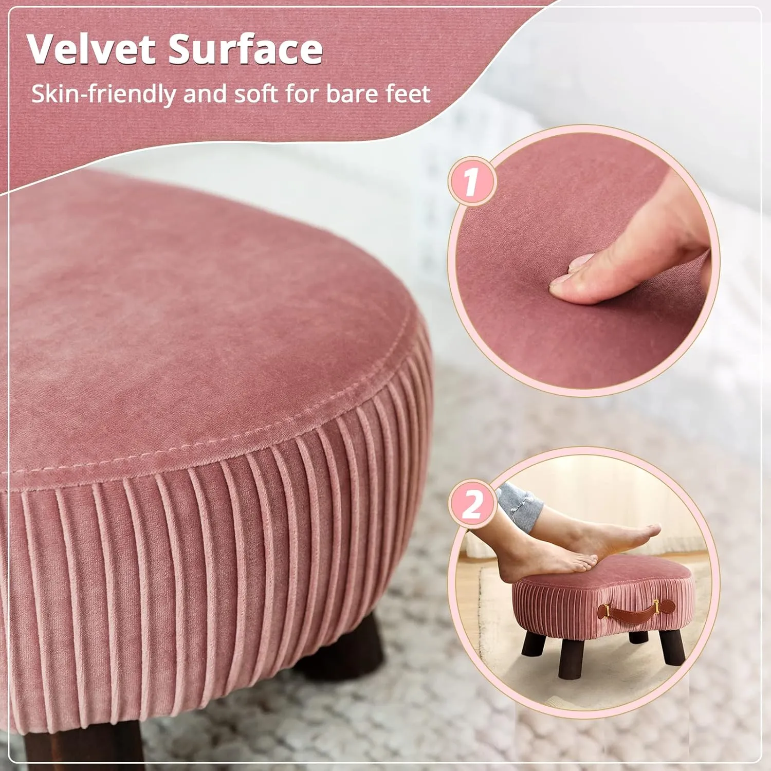 LUE BONA Small Curved Foot Stool with Handle, Pink Velvet Footstool and Ottomans, Modern Foot Rest with Wooden Legs, Step Stool with Padded Seat for Couch, Living Room…