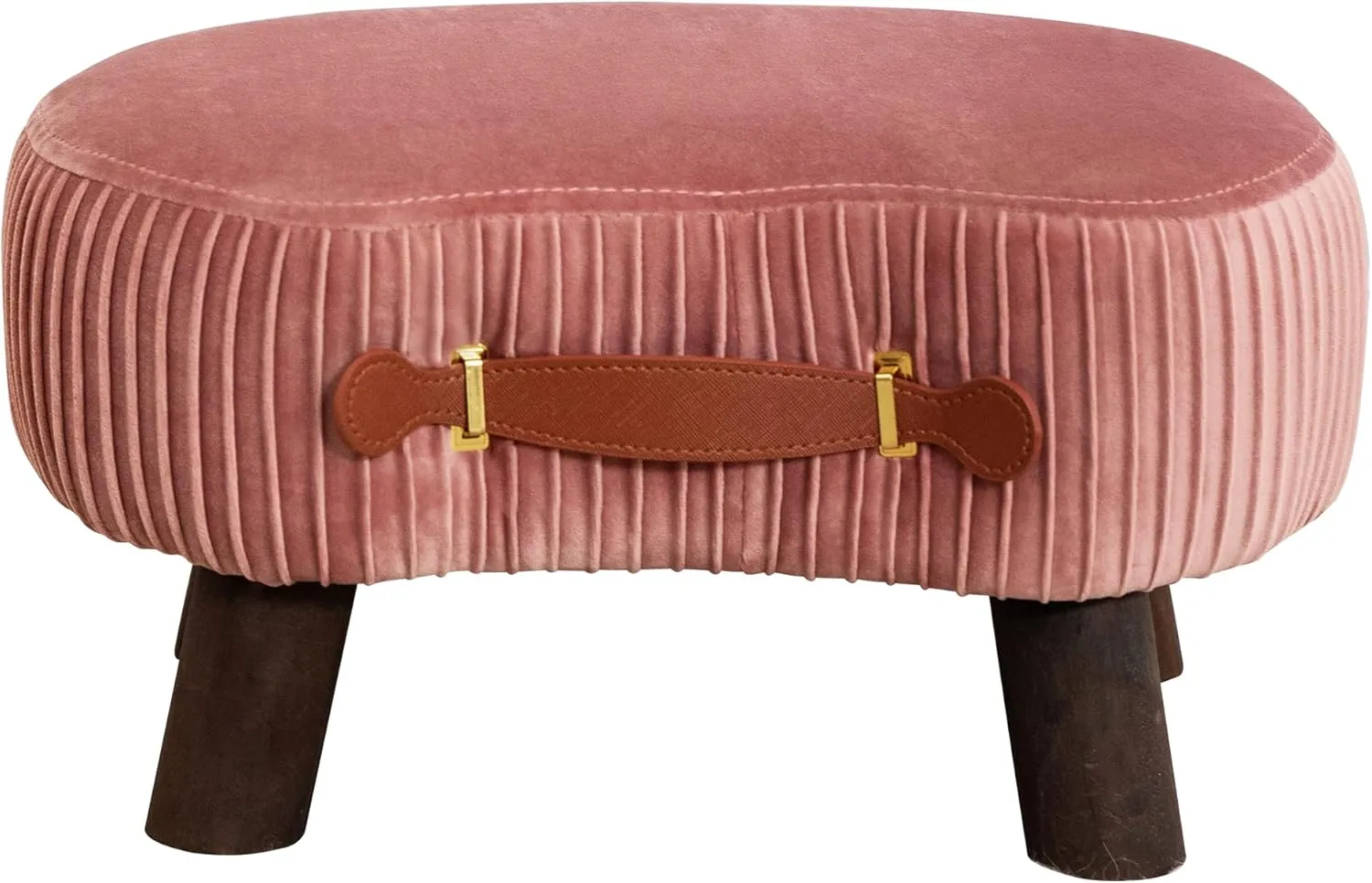 LUE BONA Small Curved Foot Stool with Handle, Pink Velvet Footstool and Ottomans, Modern Foot Rest with Wooden Legs, Step Stool with Padded Seat for Couch, Living Room…